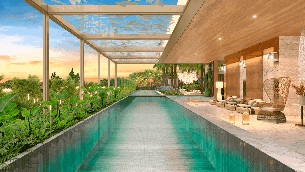 Espaço de lazer com uma piscina moderna e longa com um jardim ao lado esquerdo, e ao lado direito cadeiras e móveis sofisticados
