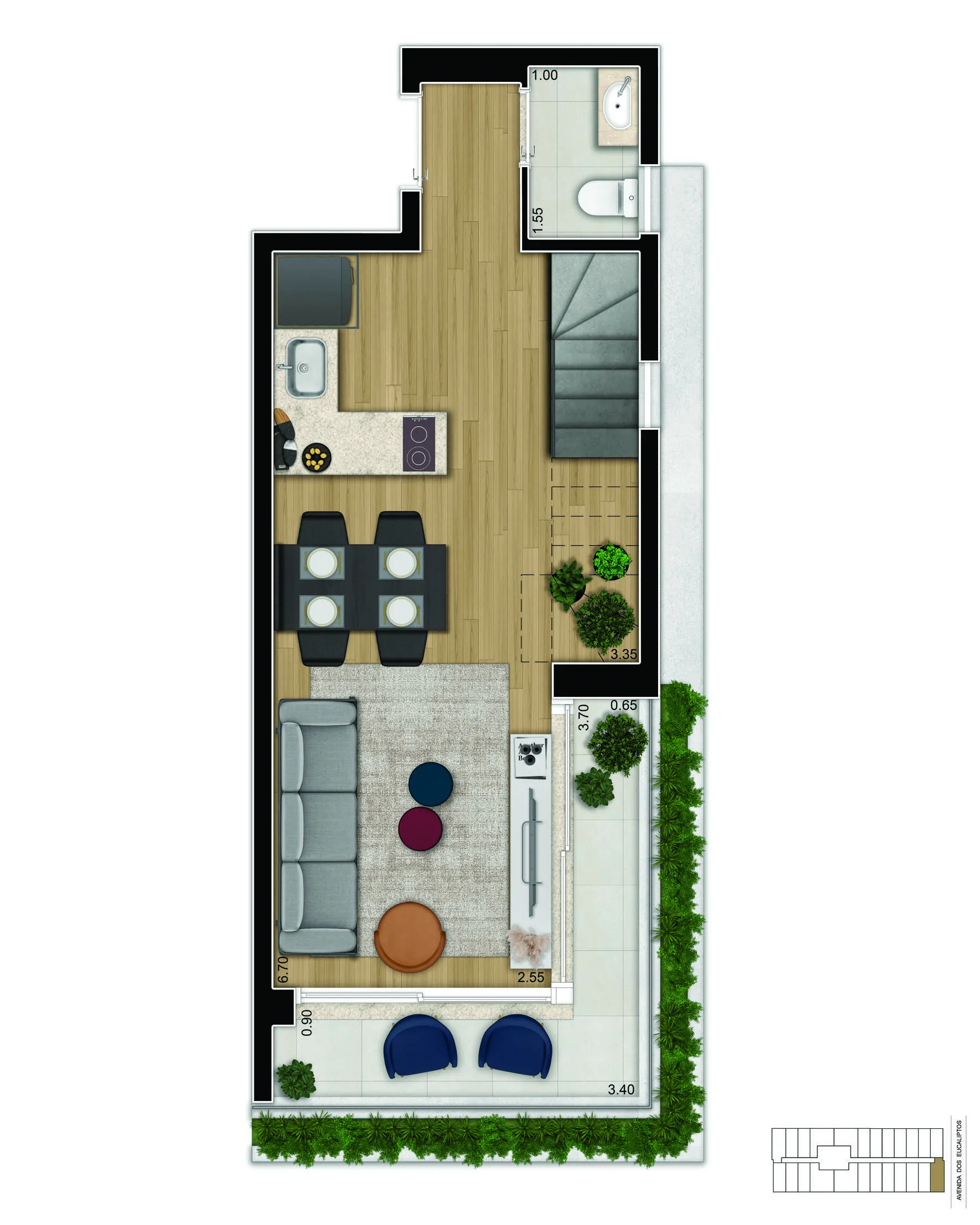 Planta-tipo 73 m² | Duplex Inferior