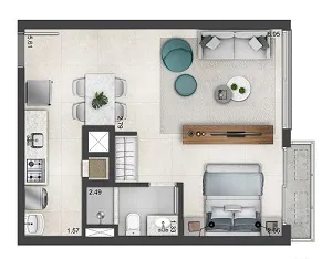 1 dormitório com living estendido - 45m²
