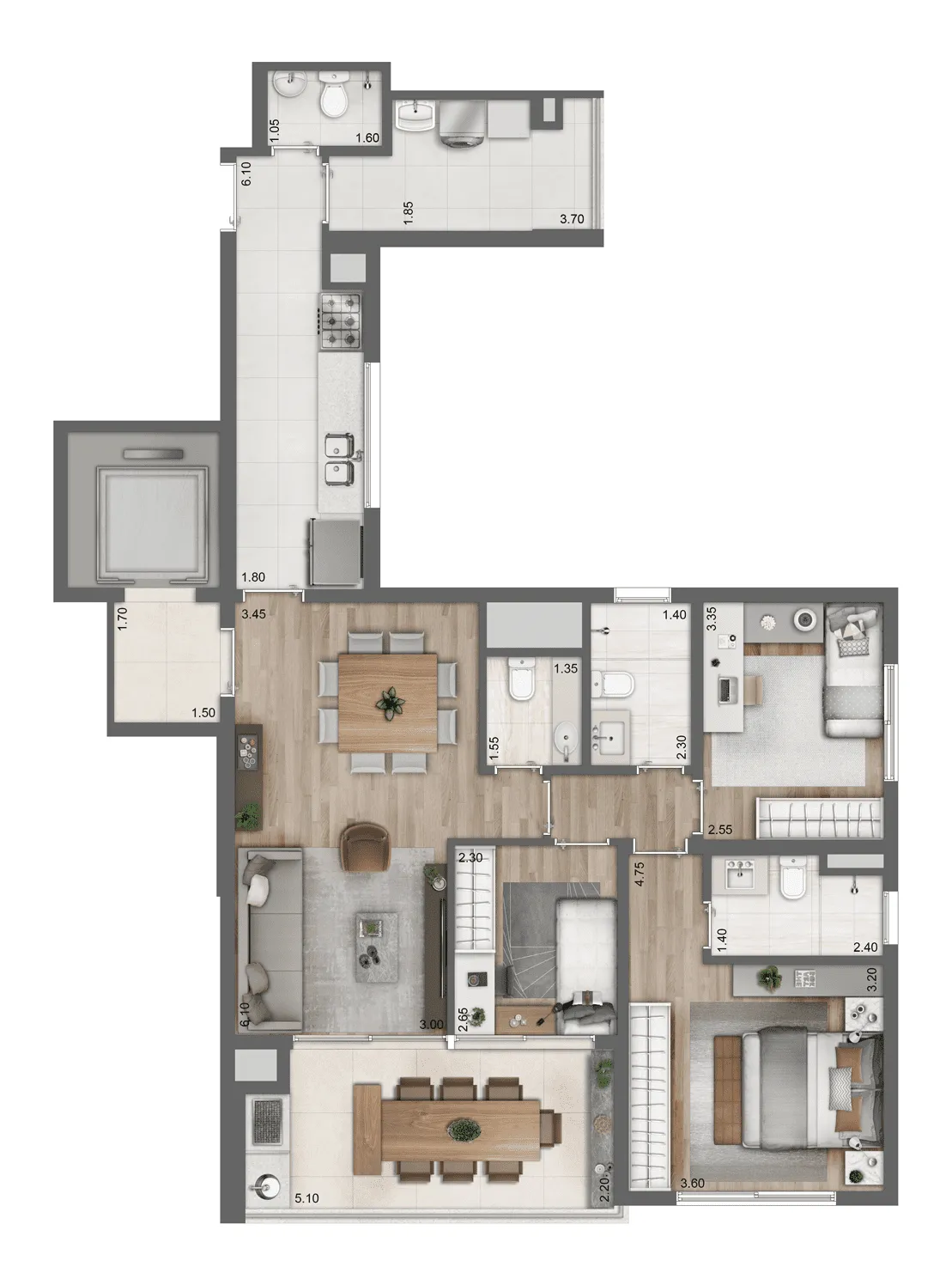 Planta-tipo 109 m² | 3 Dorms. (1 Suíte)