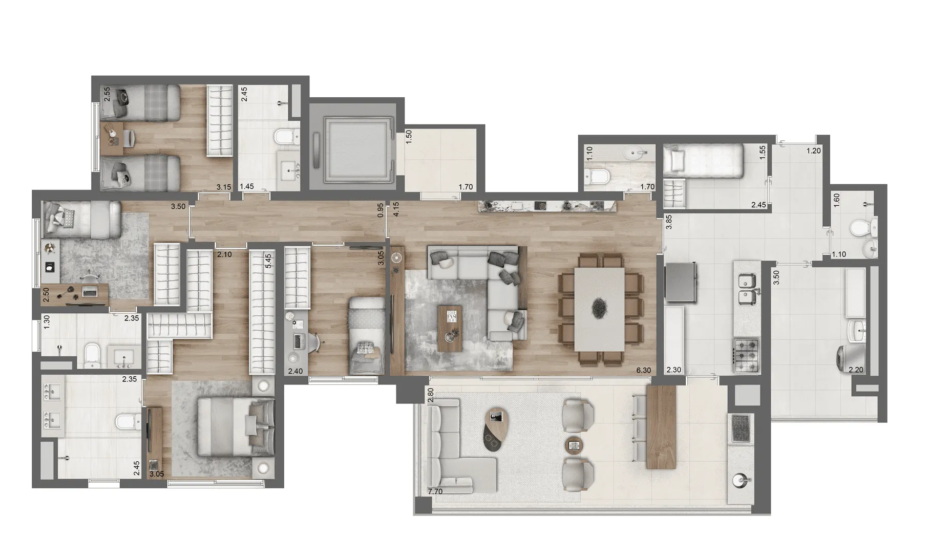 Planta-tipo 157 m² | 4 Dorms. (2 Suítes)