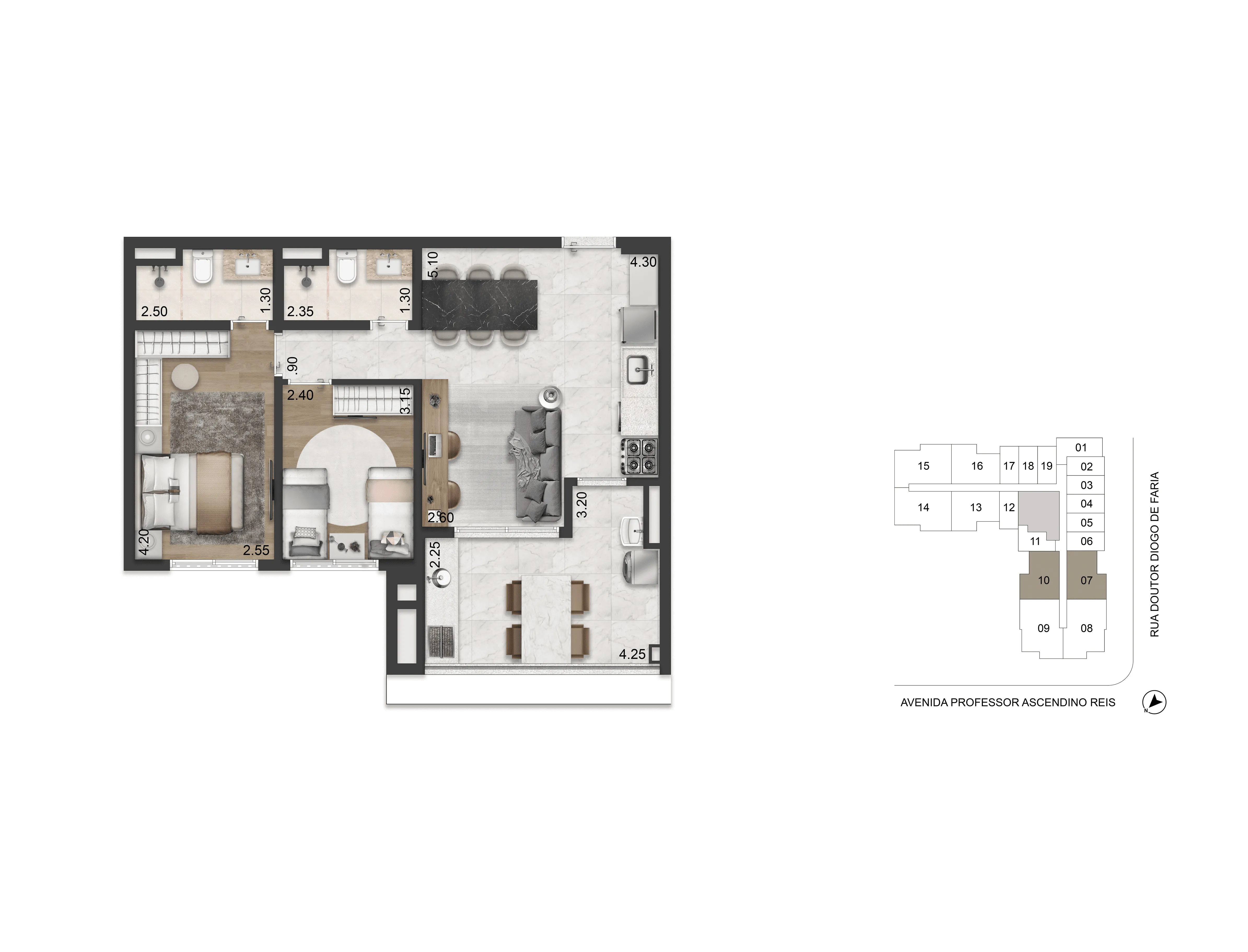 Planta-Tipo 68 m² | 2 dorms (1 suíte)