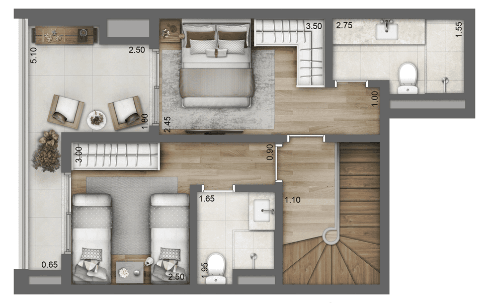 Planta Duplex  91 m²  Pavimento Superior |  2 dorms (2 suítes)