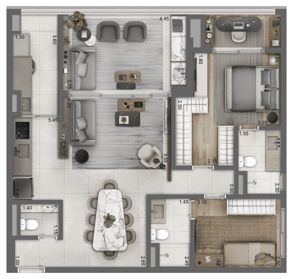 Planta Opção 95 m² | 2 dorms (2 suítes)