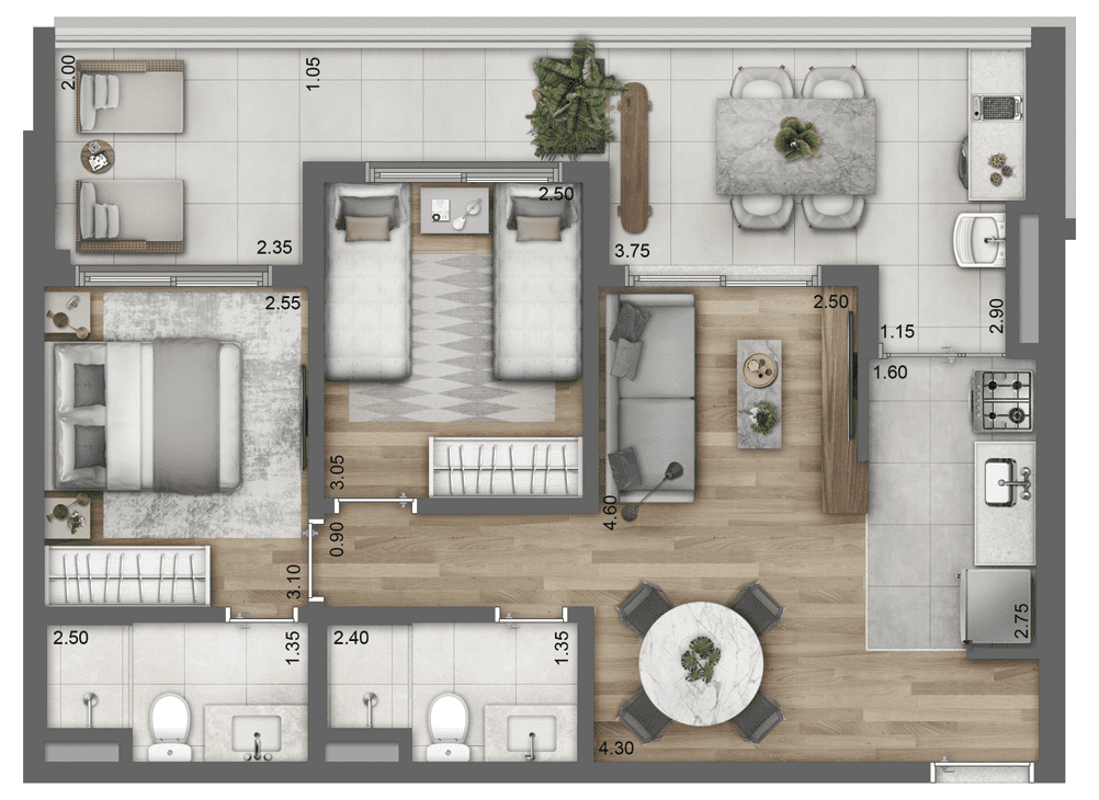 Planta-Tipo 71 m² | 2 dorms (1 suíte)