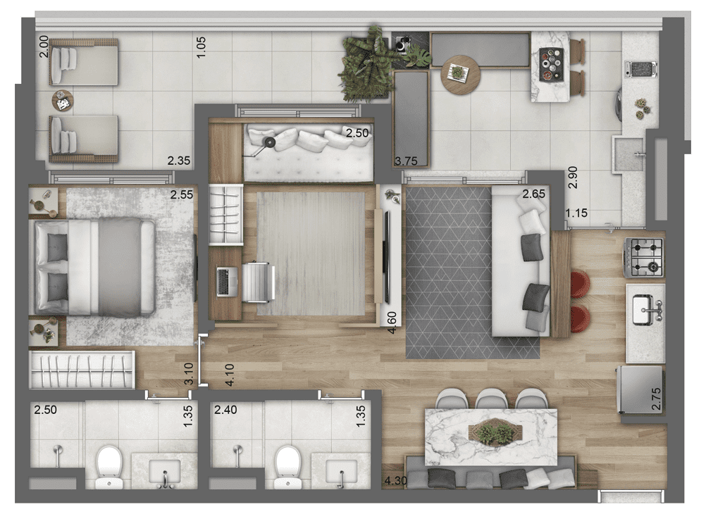 Planta Opção 71 m² | 1 suíte