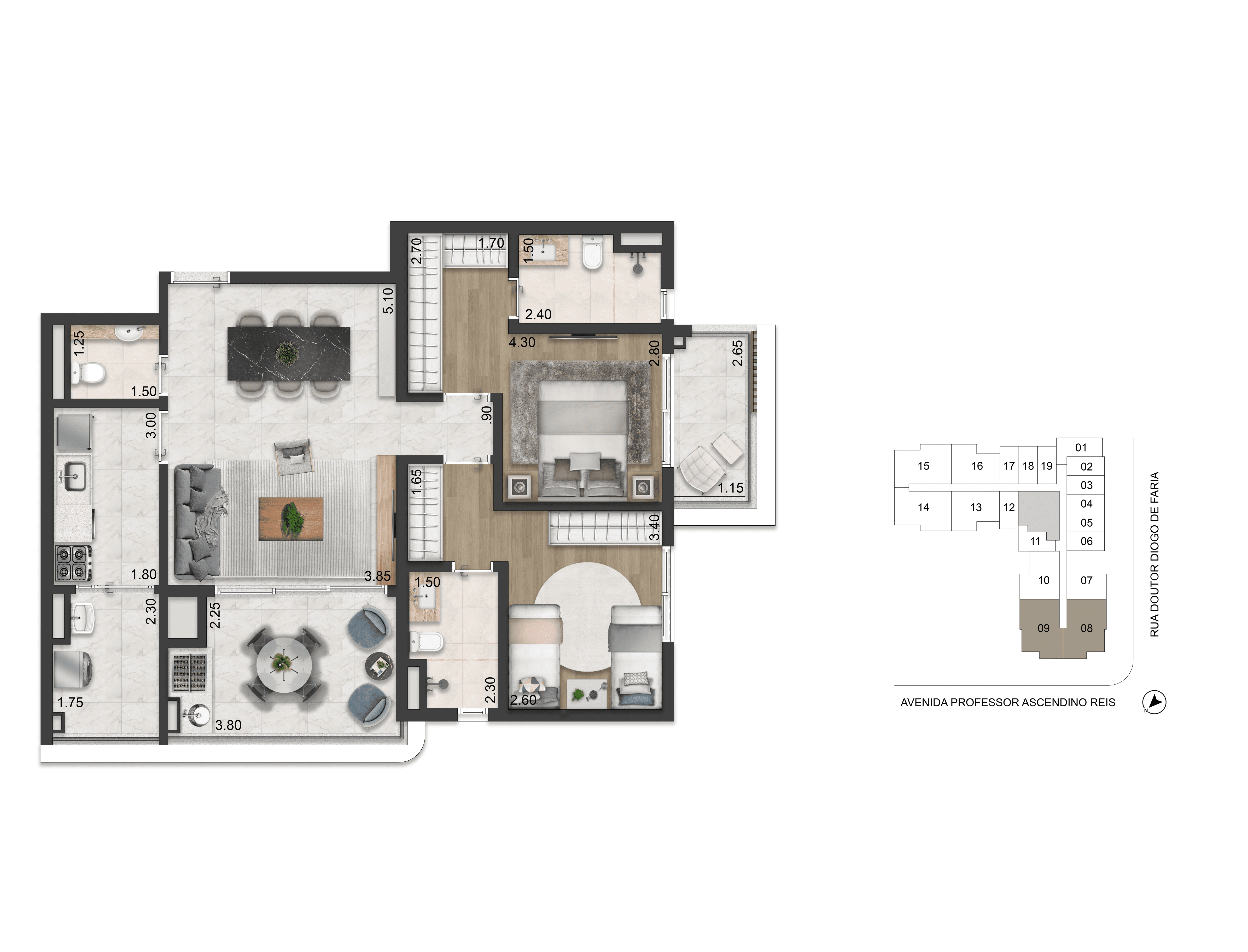 Planta-Tipo 88 m² | 2 dorms (2 suítes)