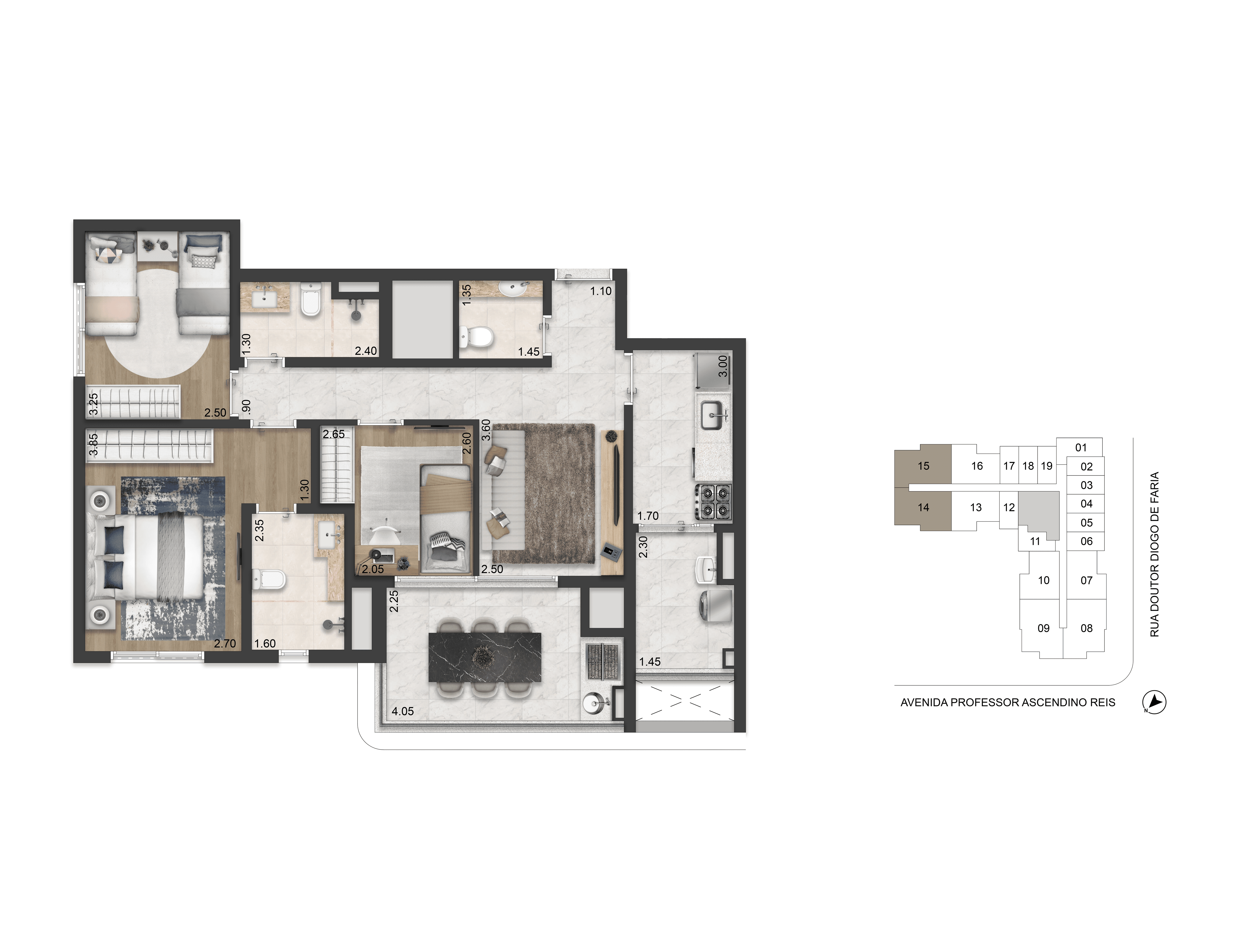 Planta-Tipo 81 m² | 3 dorms (1 suíte)