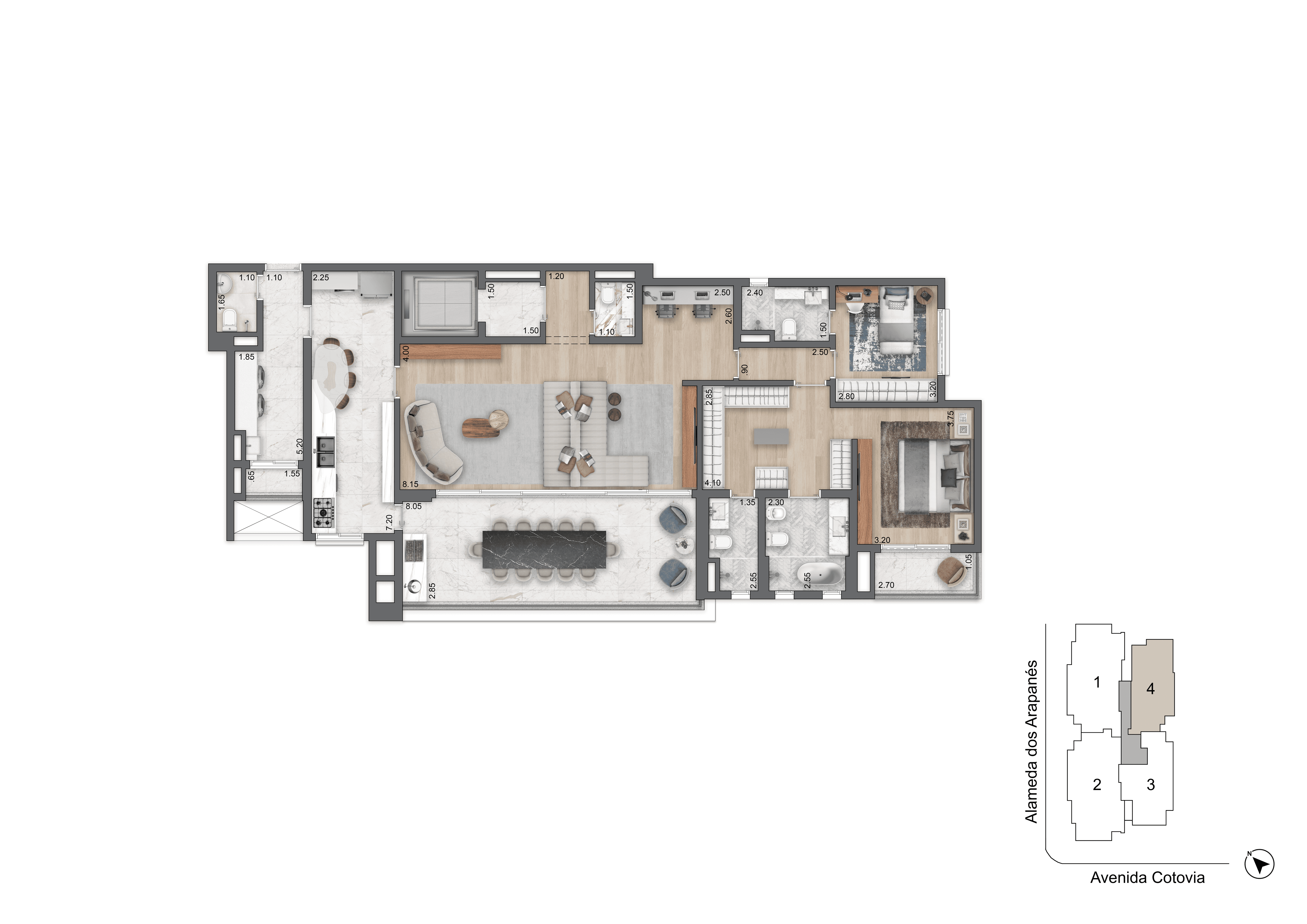 Planta opção 170 m² | 2 Dorms (2 suítes) | Torre 01