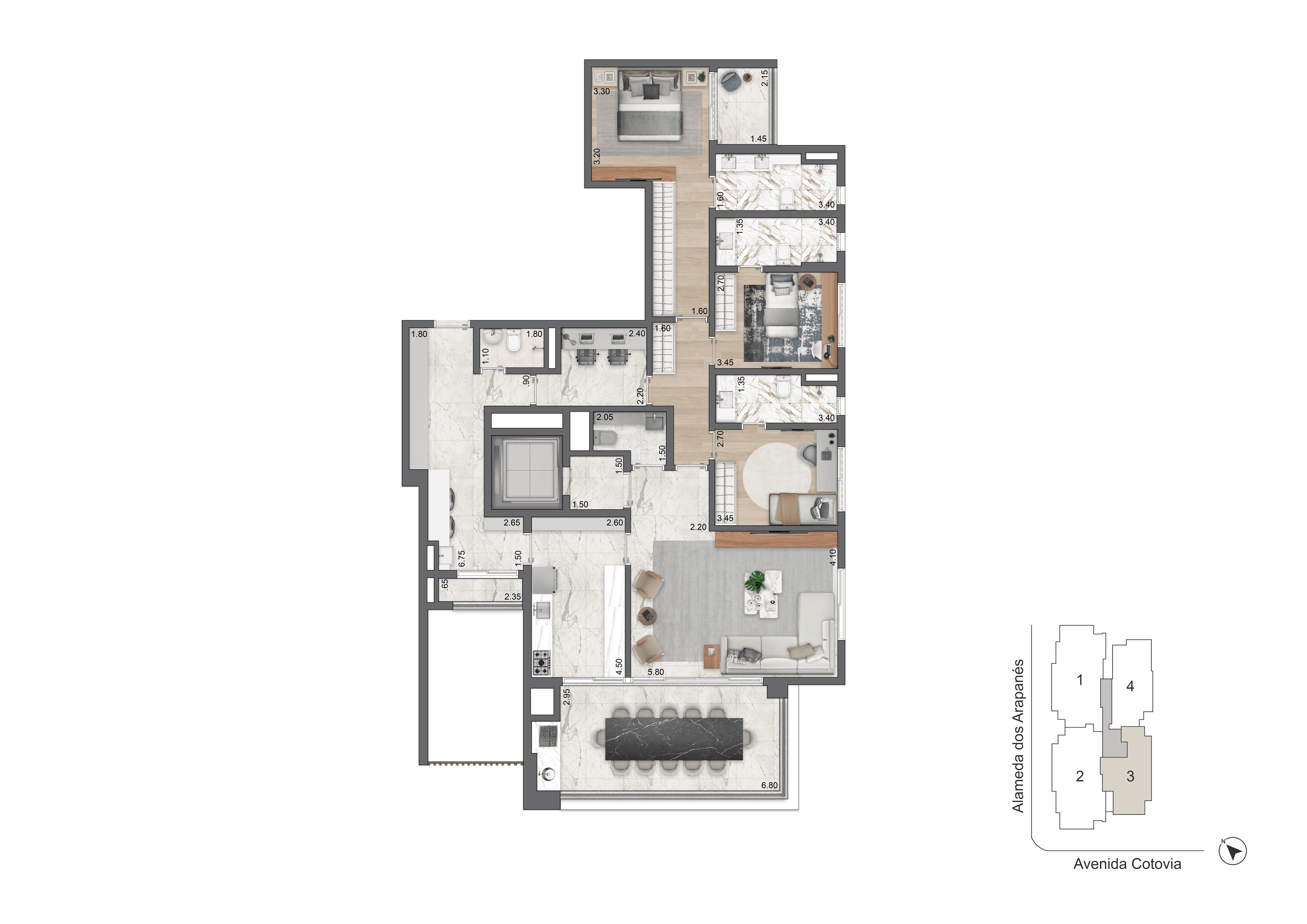 Planta-tipo 170 m² | 3 Dorms (3 suítes) | Torre 01