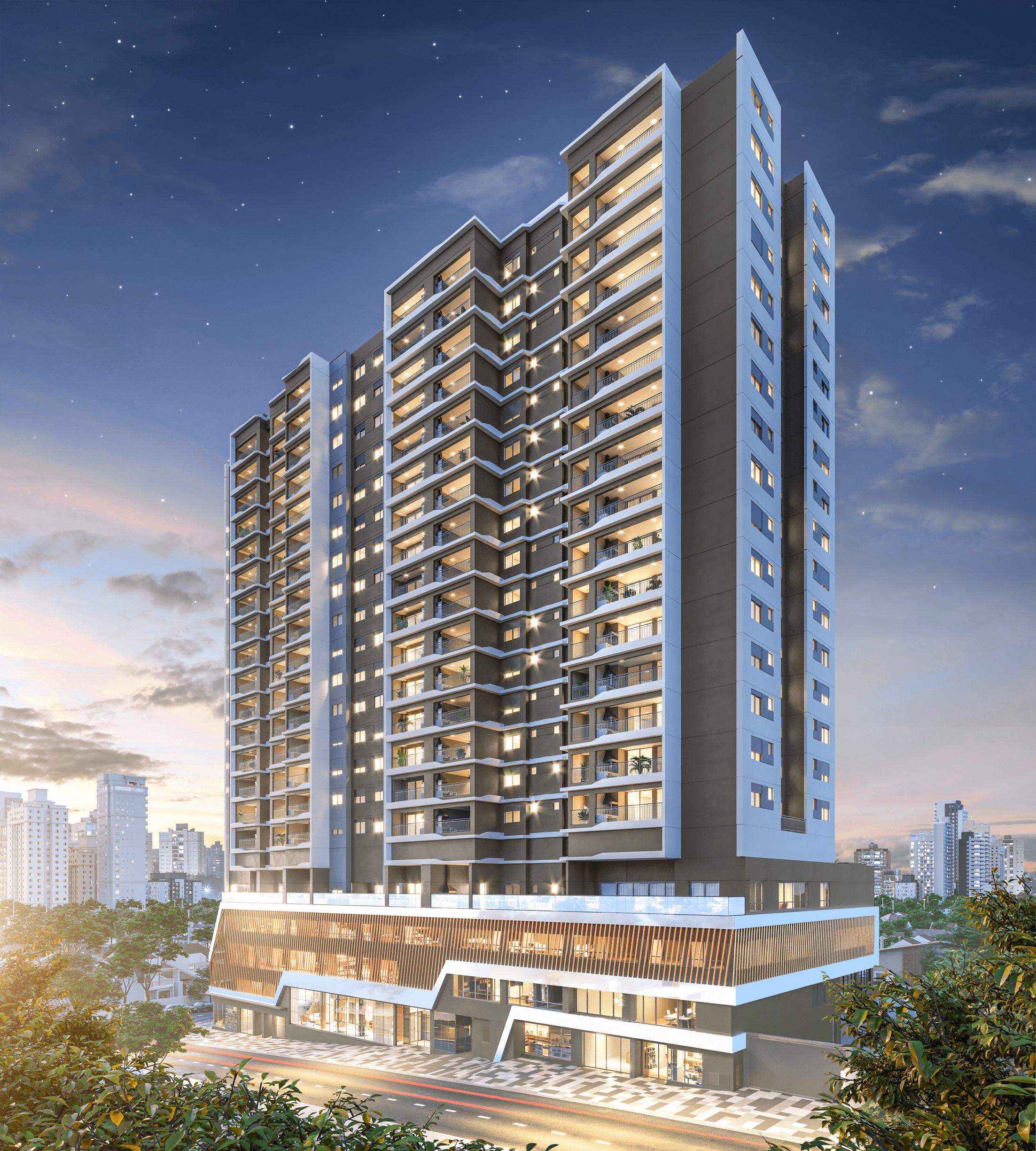 N.A.U. Vila Mariana by Cyrela -- Perspectiva Ilustrada da Fachada Noturna