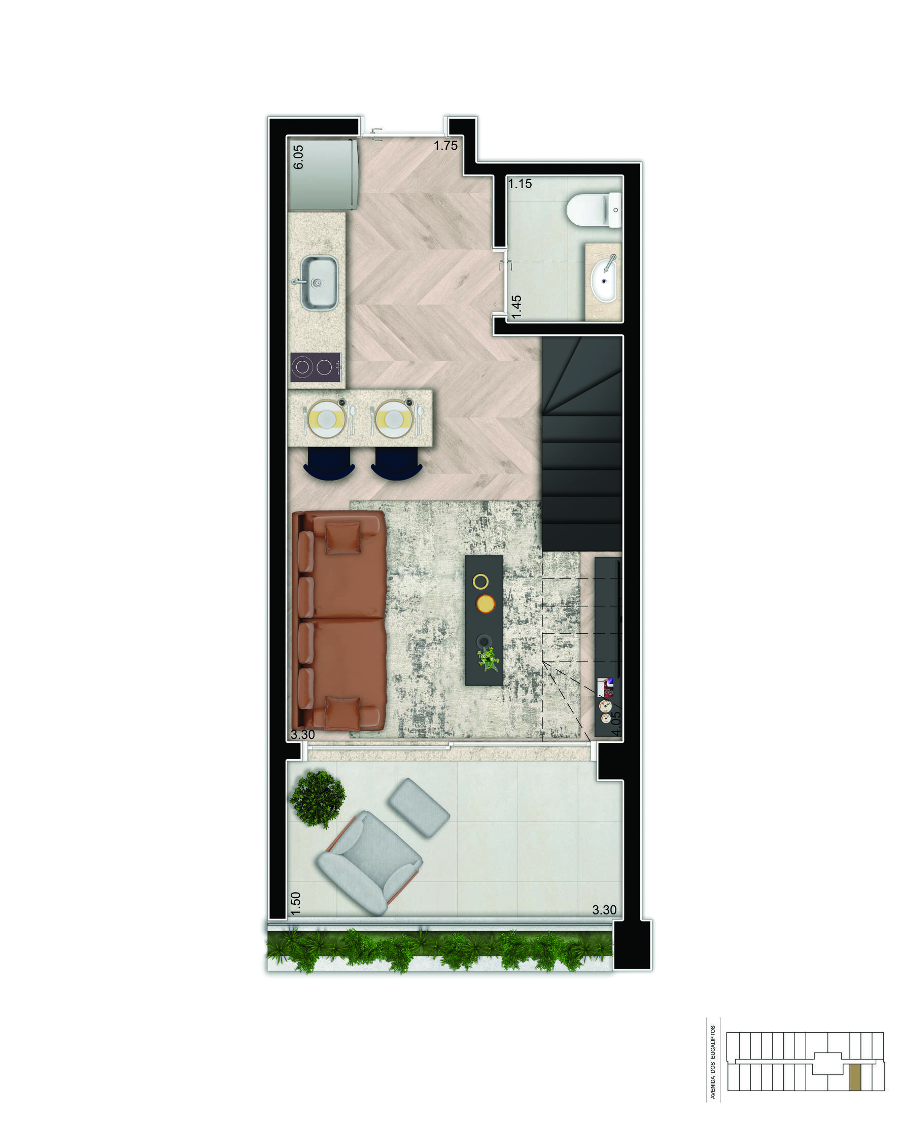 Planta-tipo 61 m² | Duplex Inferior