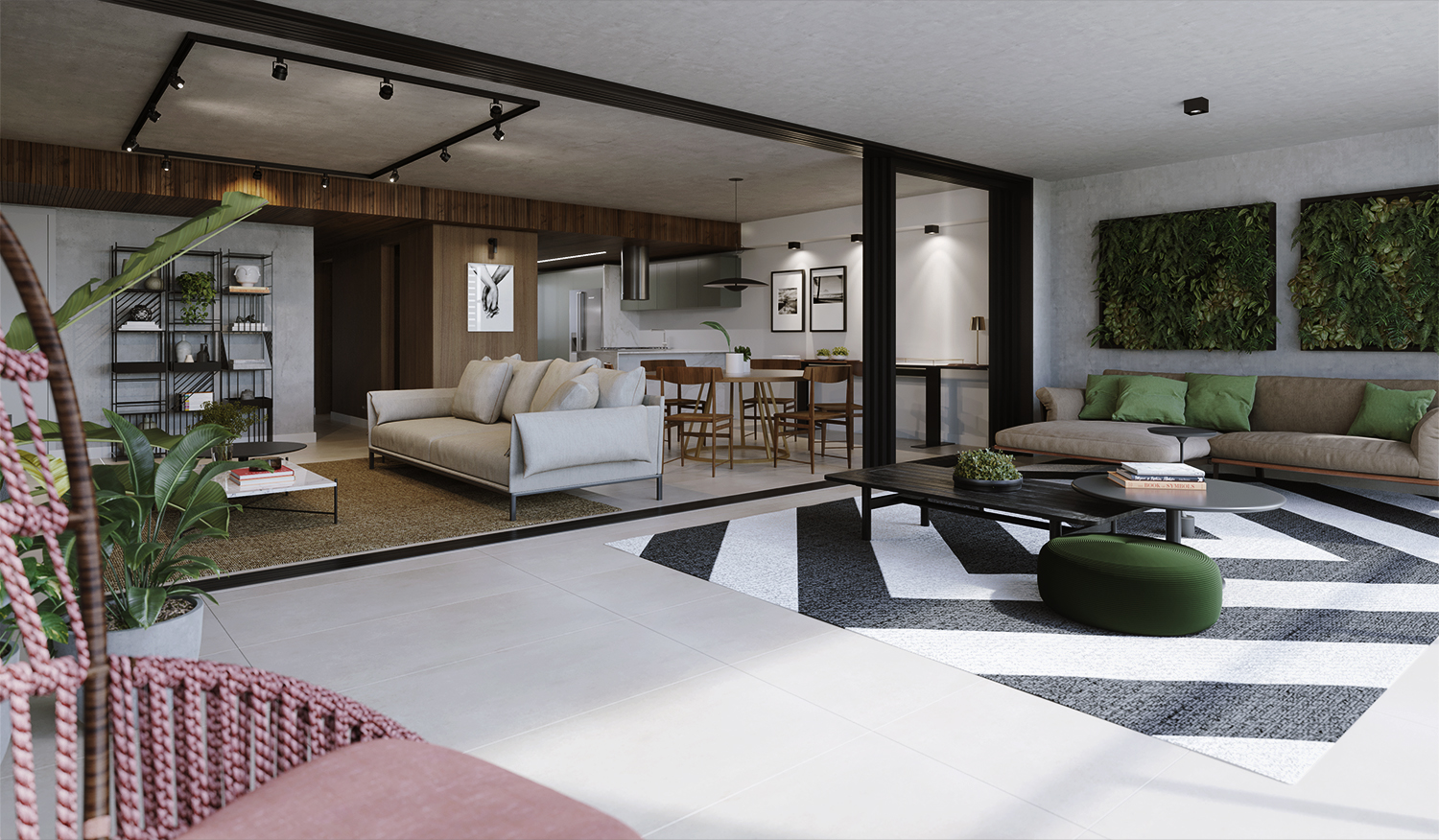 OKA Residence Lagoa -- Ilustração Artística da Sala com Cozinha Integrada da Coluna 02