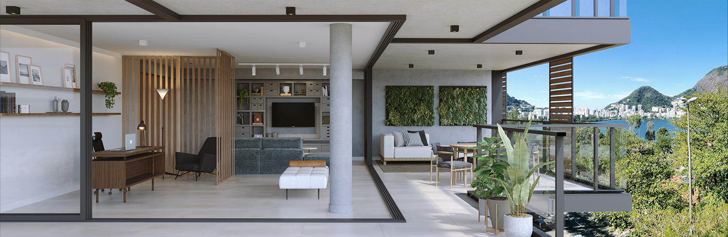 OKA Residence Lagoa -- Ilustração Artística da Sala com Escritório do Apto 501