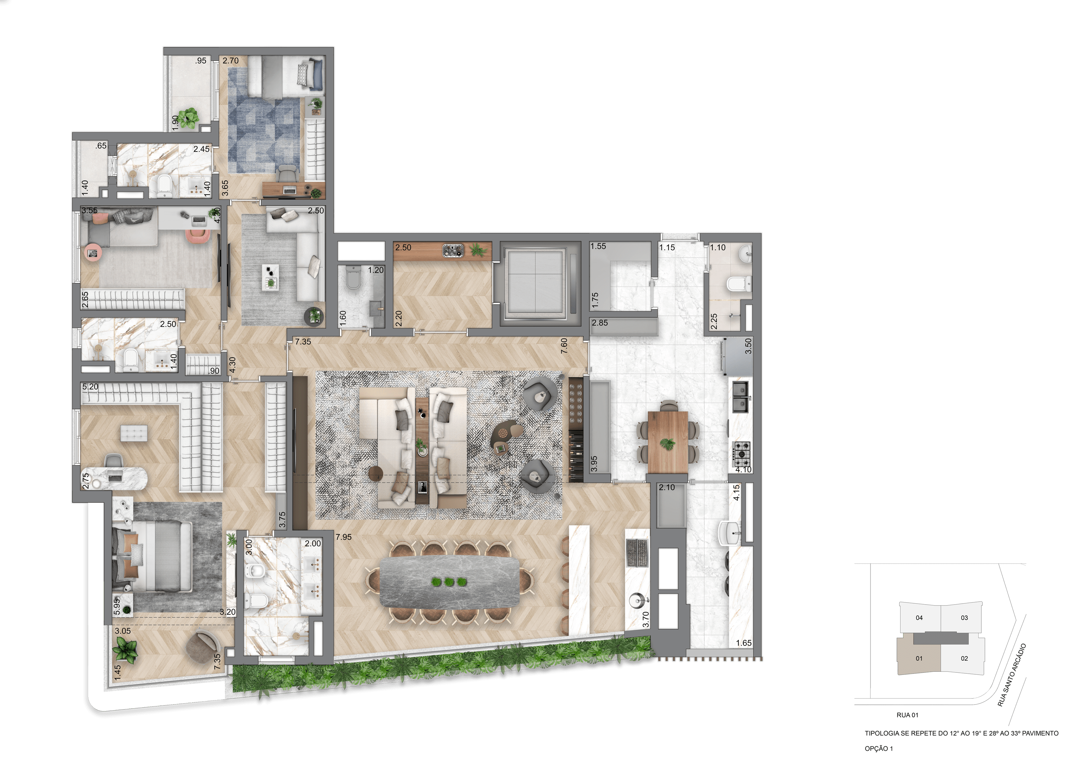 Planta Opção I - 208 m² | 4 Dorms (2 Suítes)