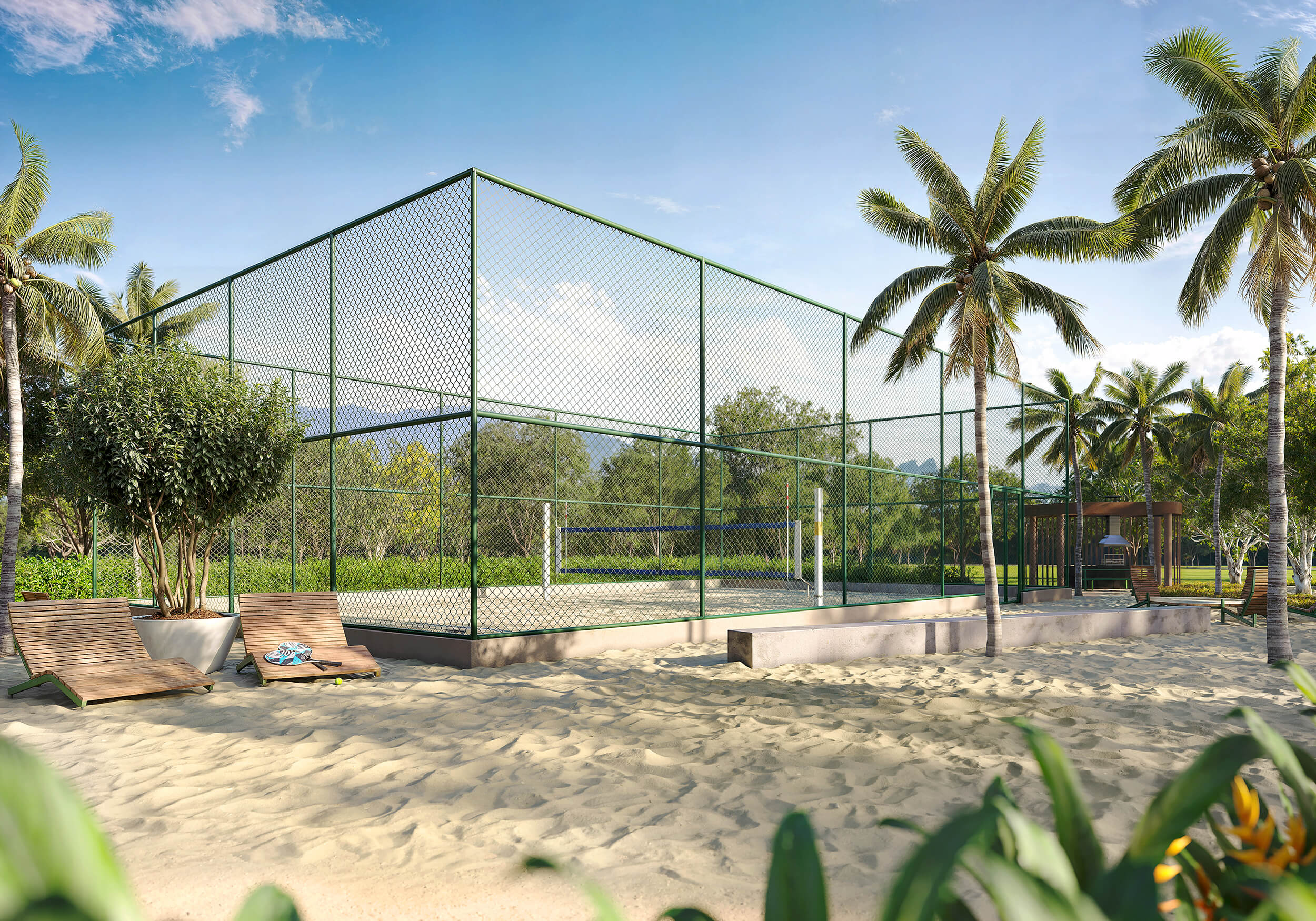 OX Park Design by Edsa -- Ilustração Artística - Quadra de Areia para Beach Tennis, Futevôlei e Vôlei de Praia