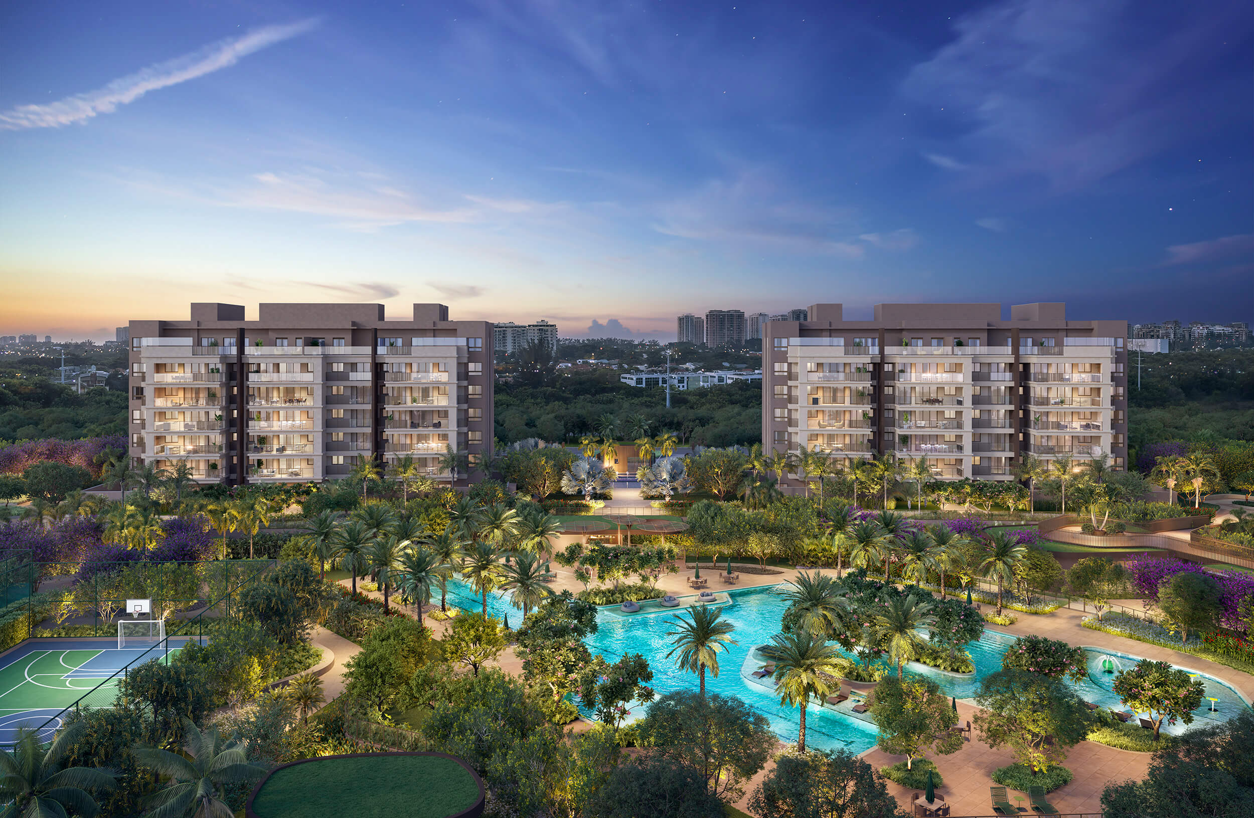 OX Park Design by Edsa -- Ilustração Artística - Vista Aérea Do Lazer Com Fachada Dos Edifícios Breeze E Sky