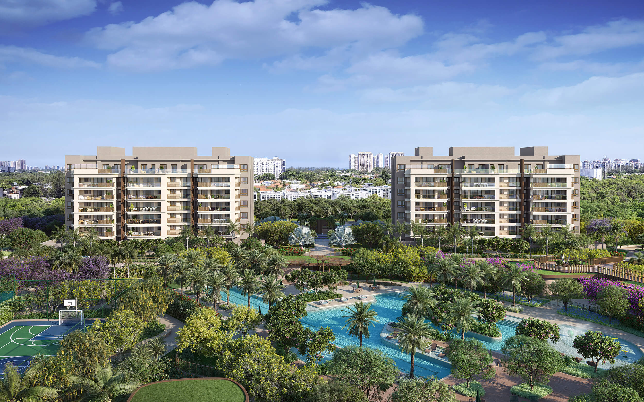 OX Park Design by Edsa -- Ilustração Artística - Vista Aérea Do Lazer Com Fachada Dos Edifícios Breeze E Sky