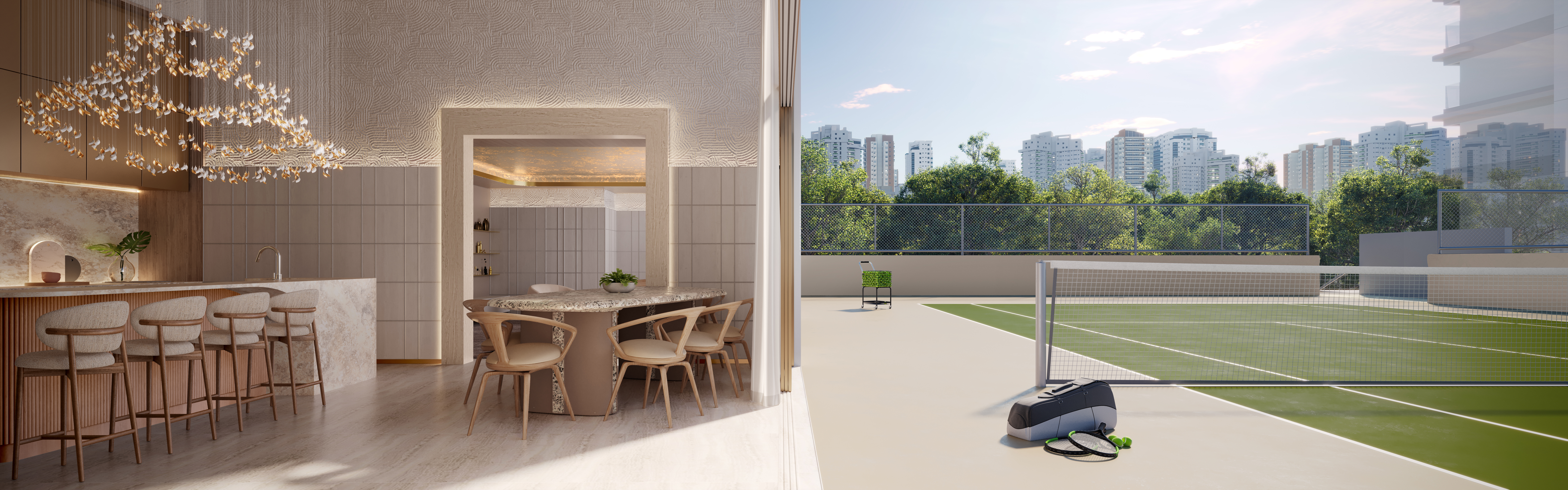 Aura Pacaembu by Cyrela -- Perspectiva Ilustrada do Private House e Quadra de Tênis