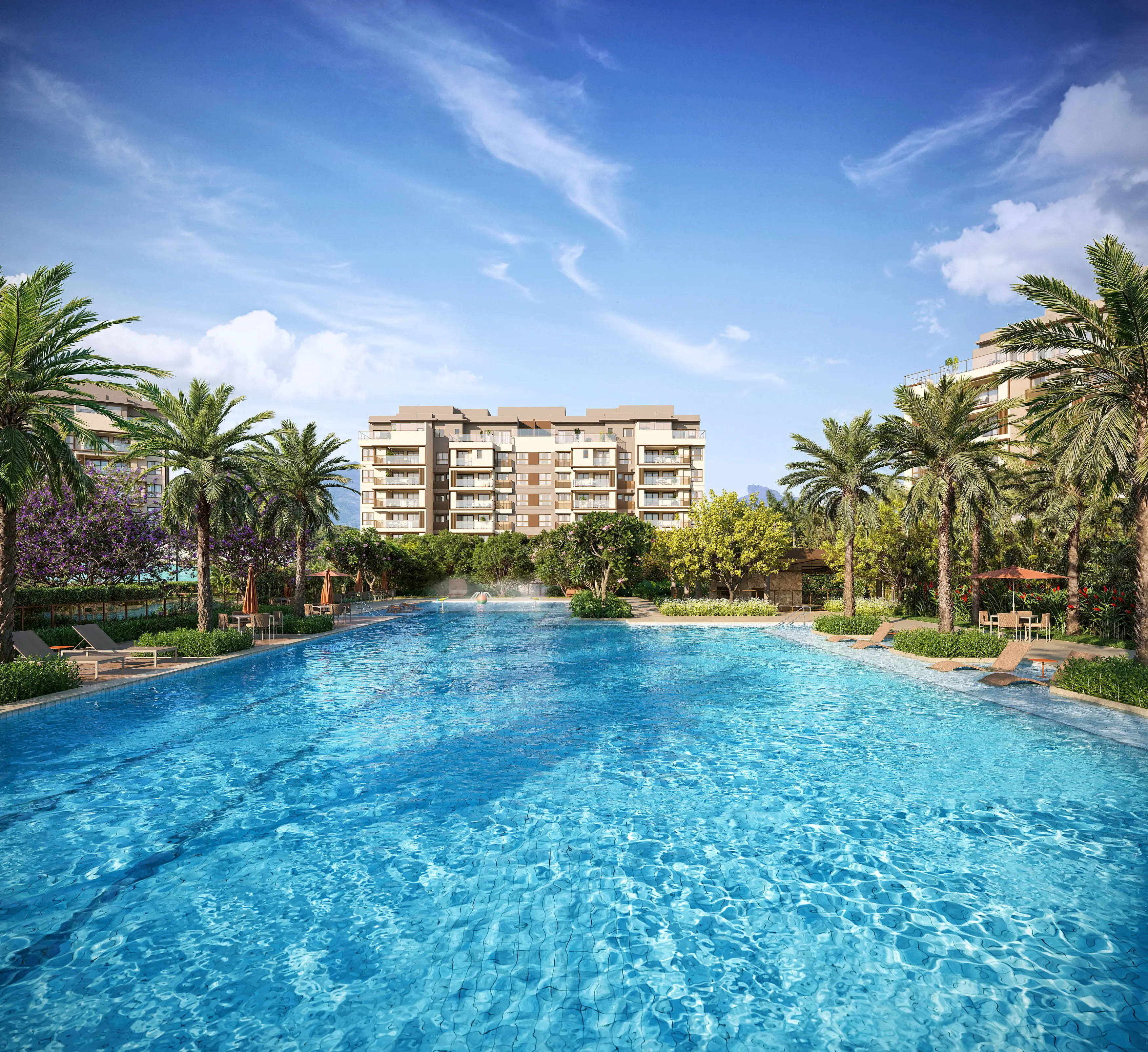 Woods Park Design by Edsa -- Ilustração artística - Piscinas e Fachada do Edifício Green