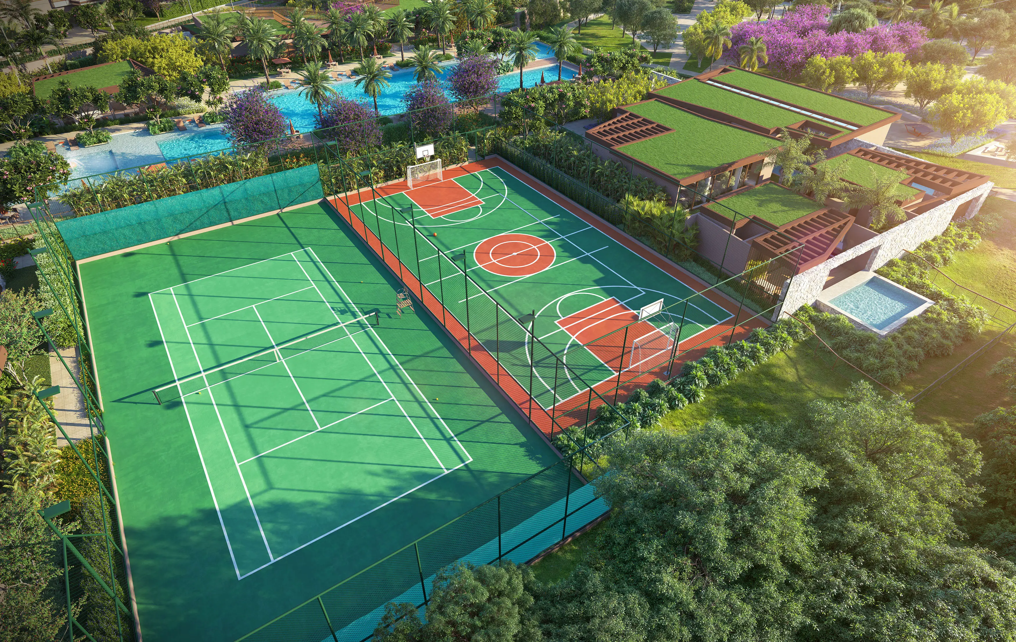 Woods Park Design by Edsa -- Ilustração artística - Quadra de Tênis e Quadra Recreativa