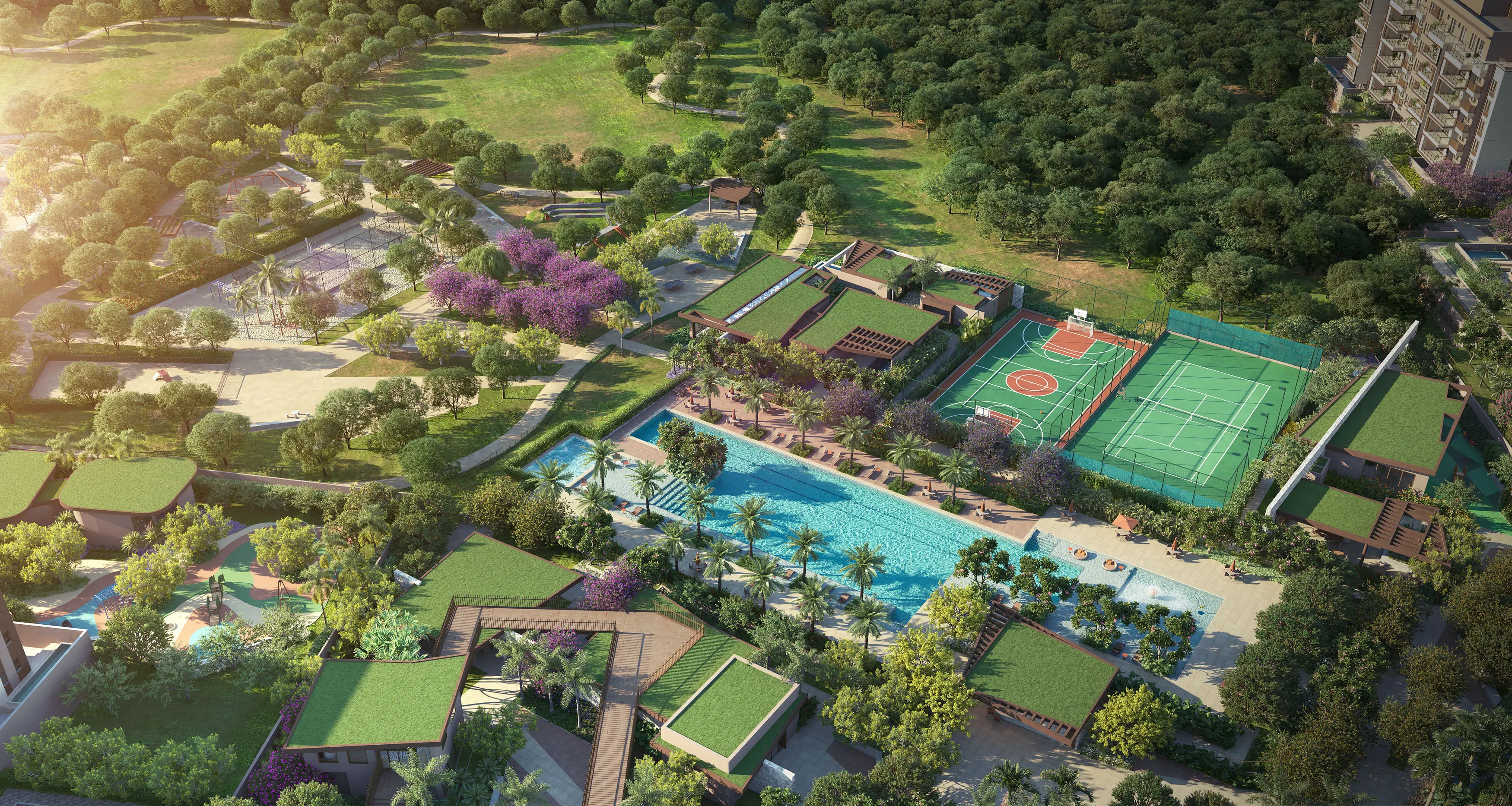 Woods Park Design by Edsa -- Ilustração artística - Vista Aérea do Lazer Woods