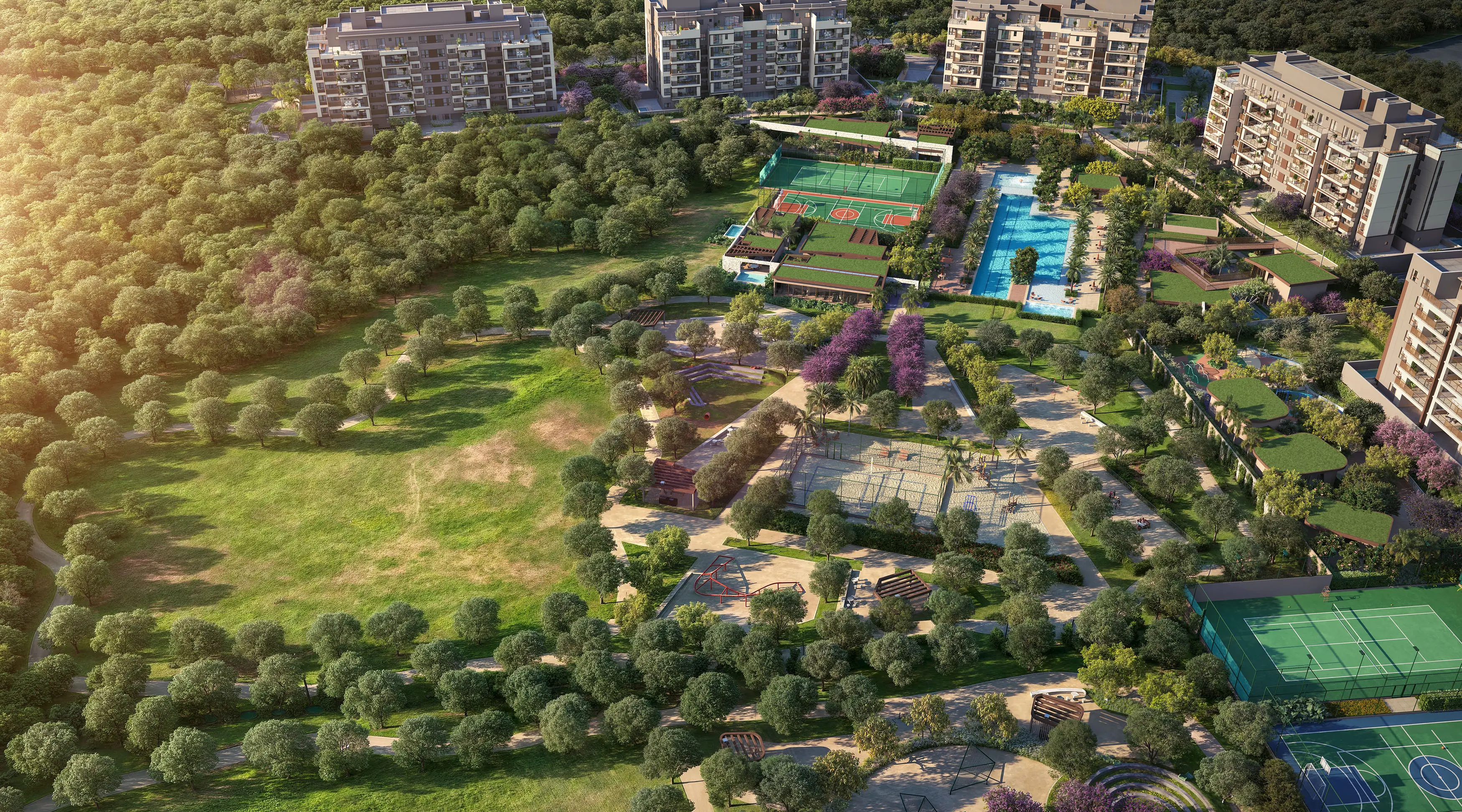 Woods Park Design by Edsa -- Ilustração artística - Vista Aérea do Parque Woods e Área preservada in Natura