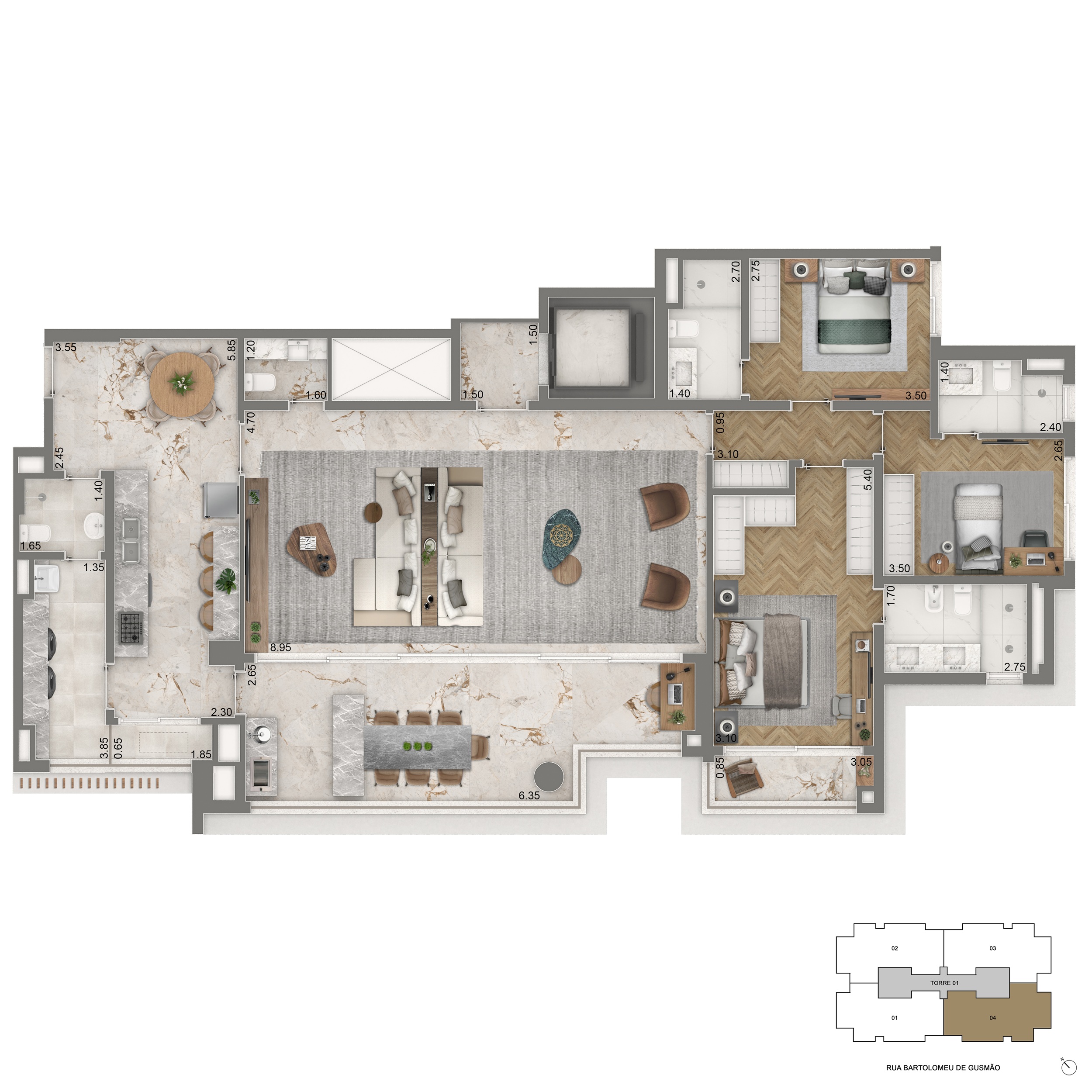 Planta Opção 3 Suítes + Sala Ampliada | 177,50m²