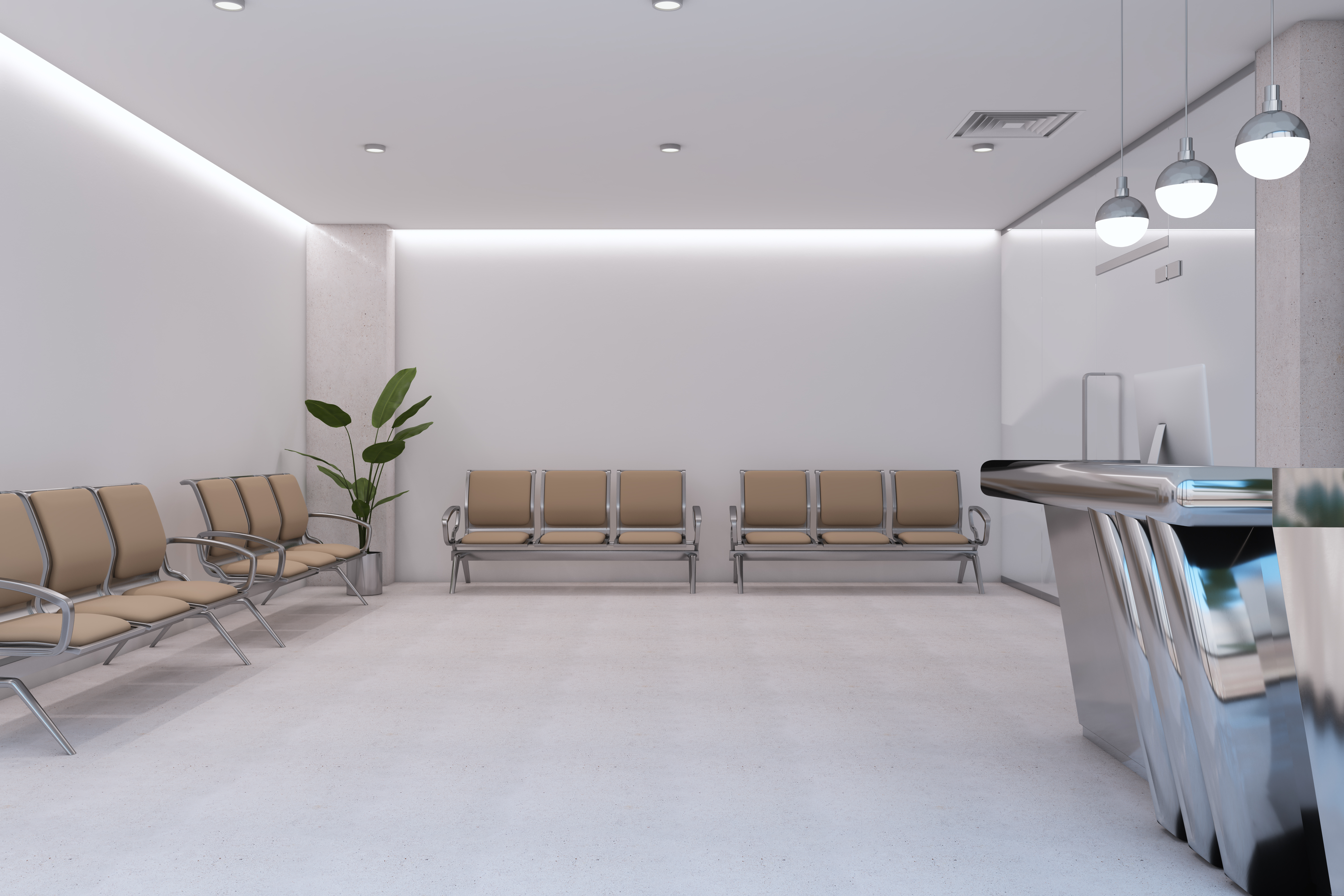 Uma sala de espera moderna e minimalista com paredes brancas, iluminação embutida, cadeiras de metal e estofamento bege, uma planta em vaso e um balcão de recepção prateado.