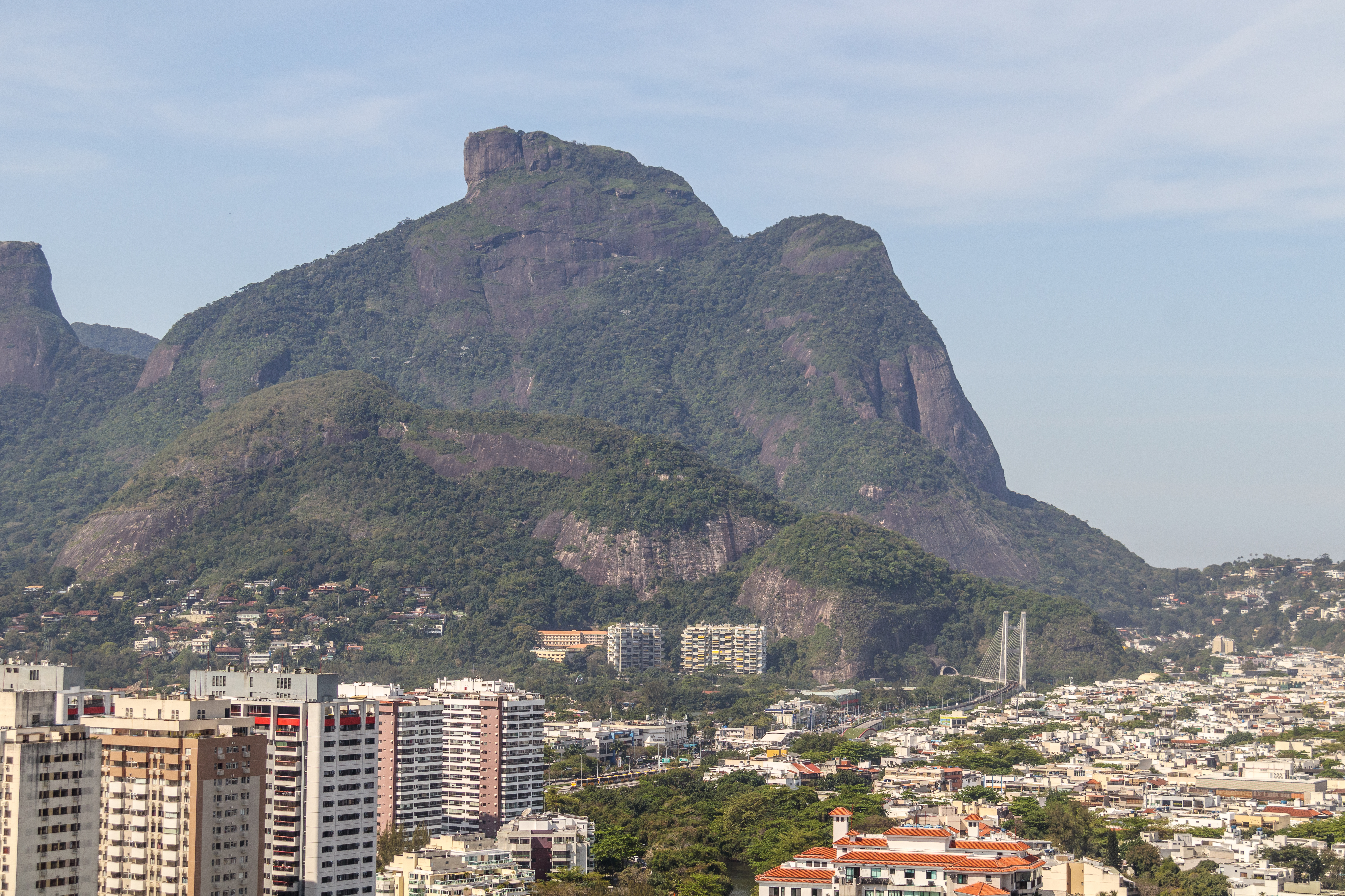 Vista do Rio de Janeiro: montanhas da Tijuca ao fundo, cidade com edifícios e ponte estaiada.