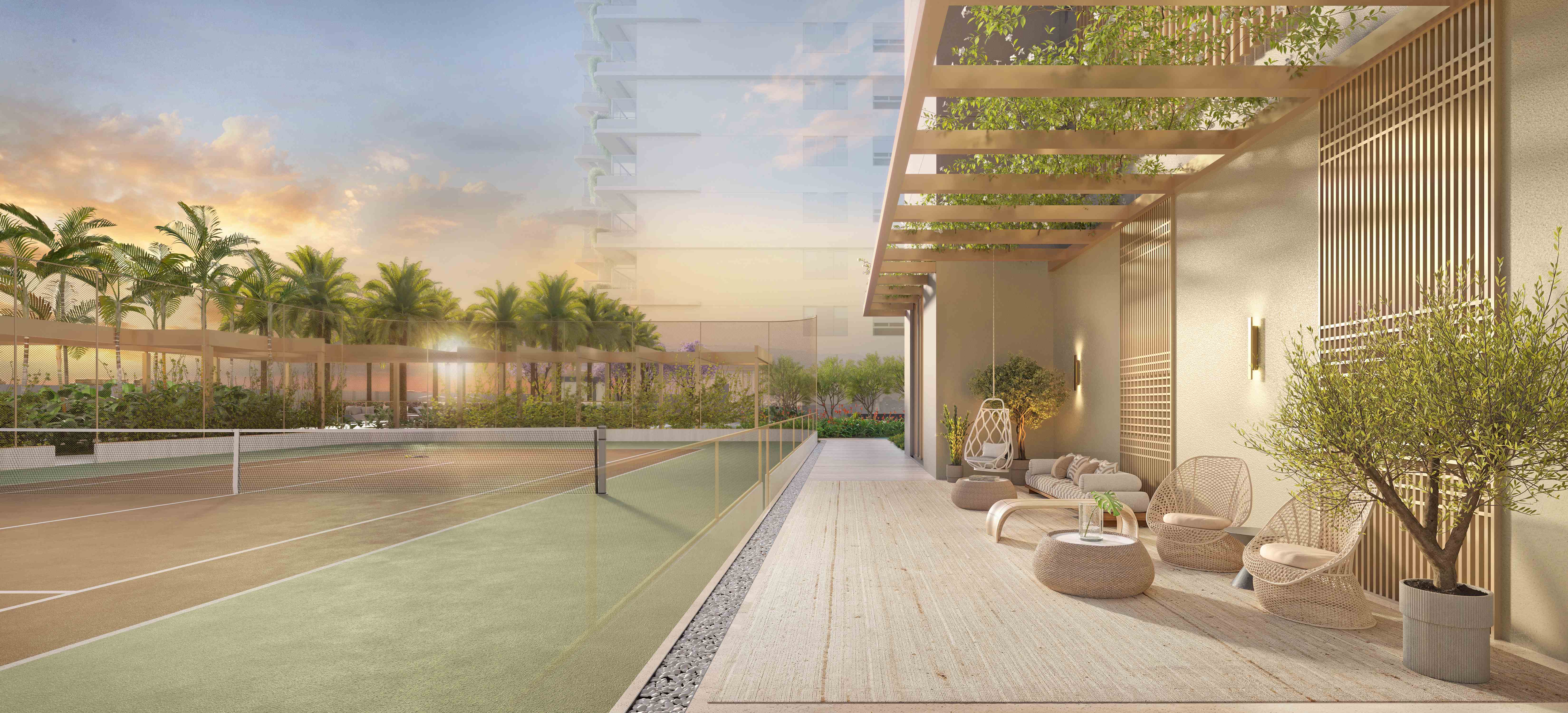 Zen Cyrela e Yoo -- Perspectiva Ilustrada | Lounge e Quadra de Tênis