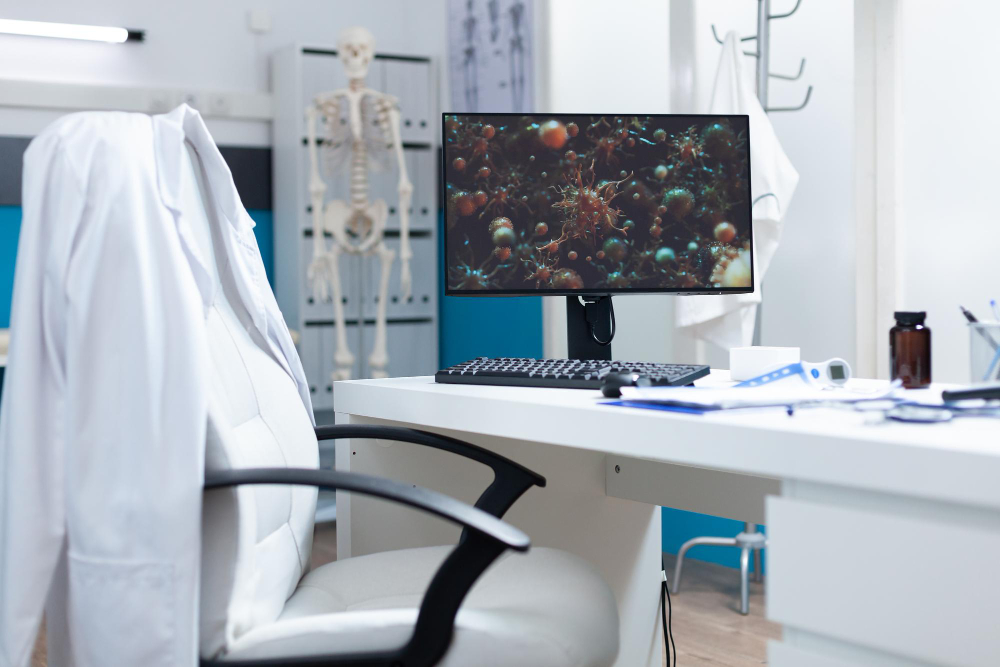 Um jaleco branco pendurado em uma cadeira de escritório em um consultório médico ou laboratório, com um monitor de computador exibindo uma imagem microscópica de células ou vírus, e um esqueleto humano ao fundo.