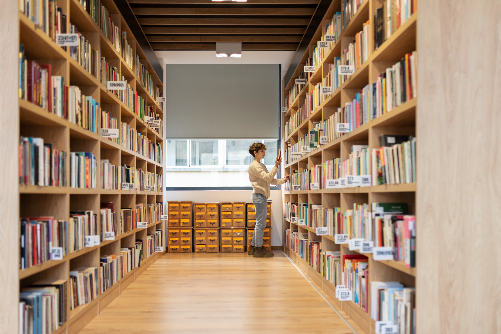 Um corredor moderno de biblioteca com estantes de madeira cheias de livros, poltronas escuras e uma área de recepção ou estudo ao fundo.