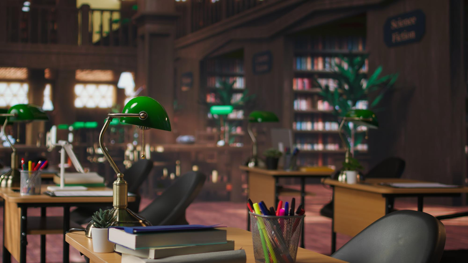Uma sala de estudos ou biblioteca com mesas de madeira, cadeiras, e várias luminárias verdes estilo banqueiro, com estantes de livros ao fundo.
