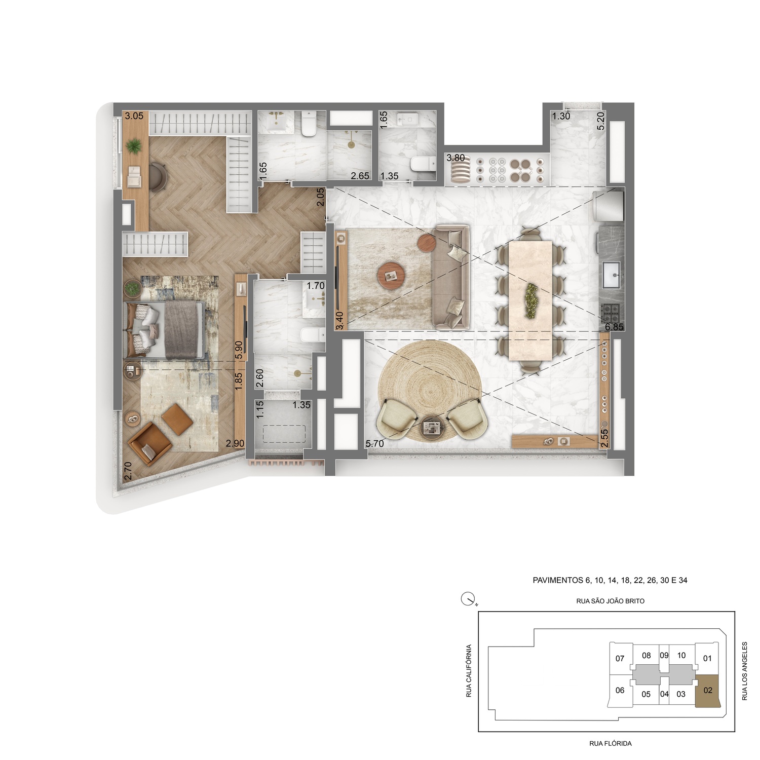 Planta Tipo 98m² - 1 suítes