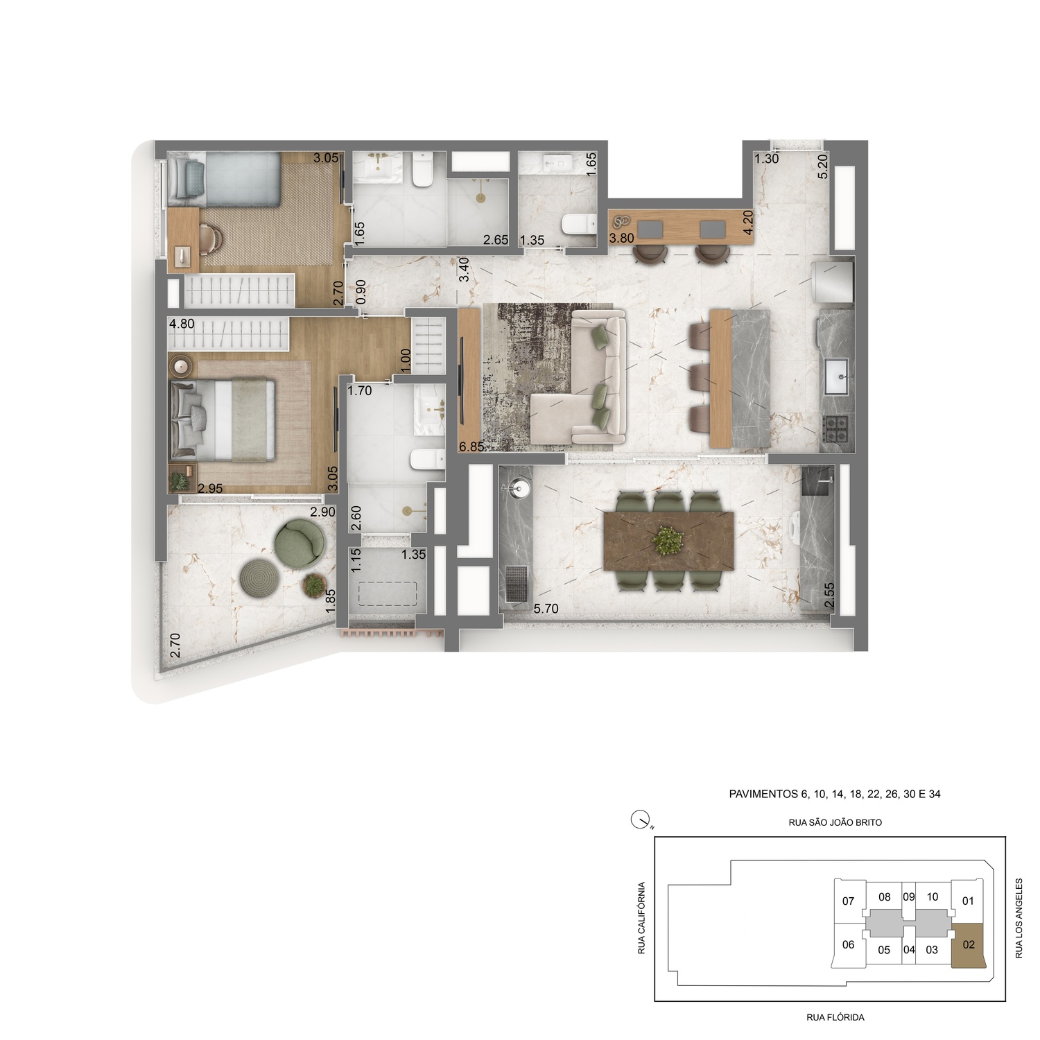 Planta Tipo 98m² - 2 suítes