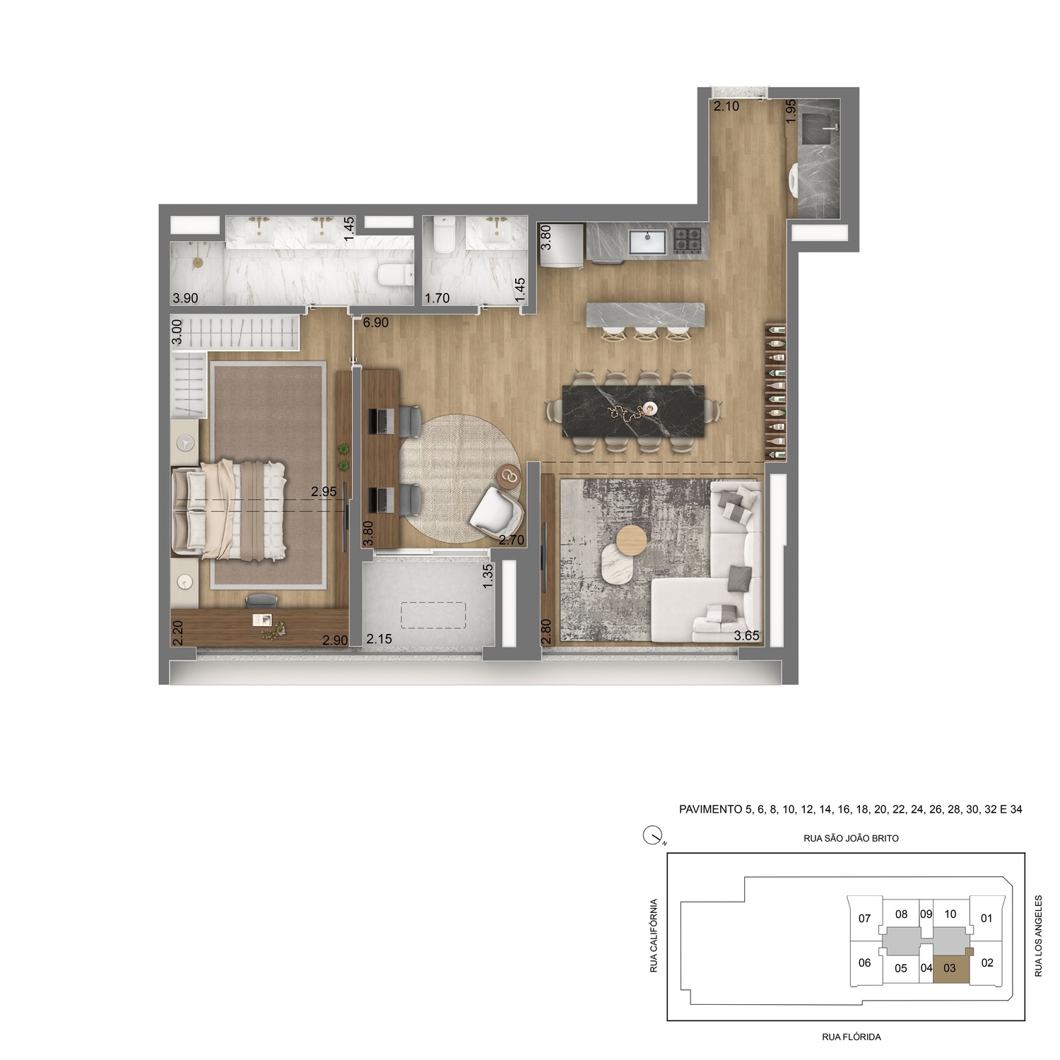 Planta Tipo 80m² - 1 suíte + home office