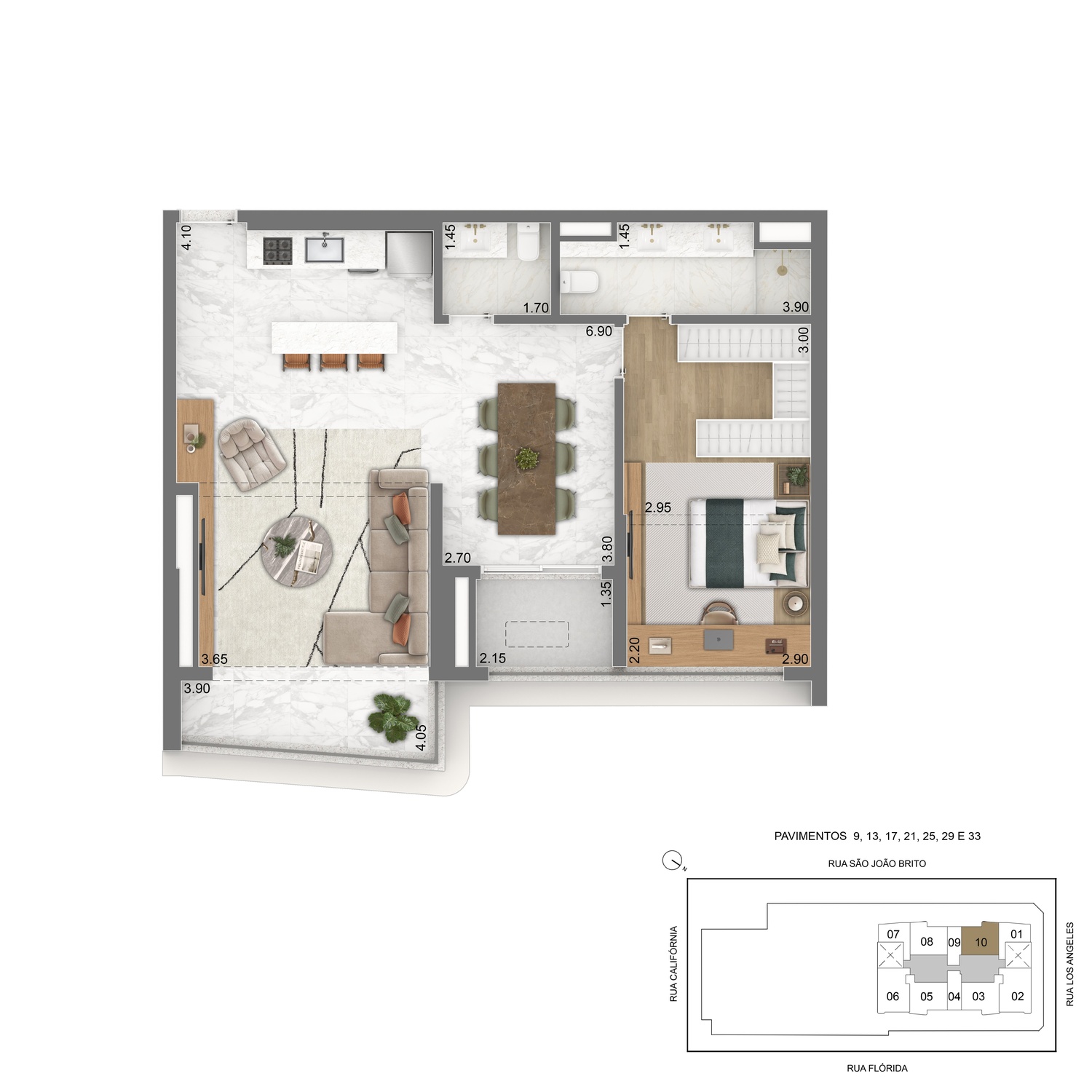 Planta Tipo 80m²  - 1 suíte + sala ampliada