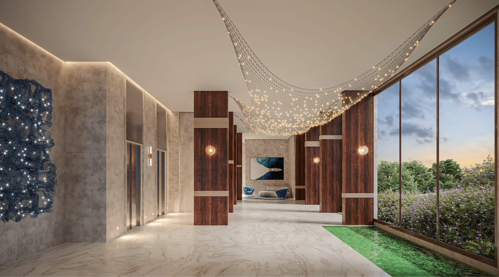 Lobby moderno e luxuoso com piso de mármore, pilares de madeira escura, uma rede decorativa com luzes suspensas no teto e uma grande janela com vista para a vegetação externa.
