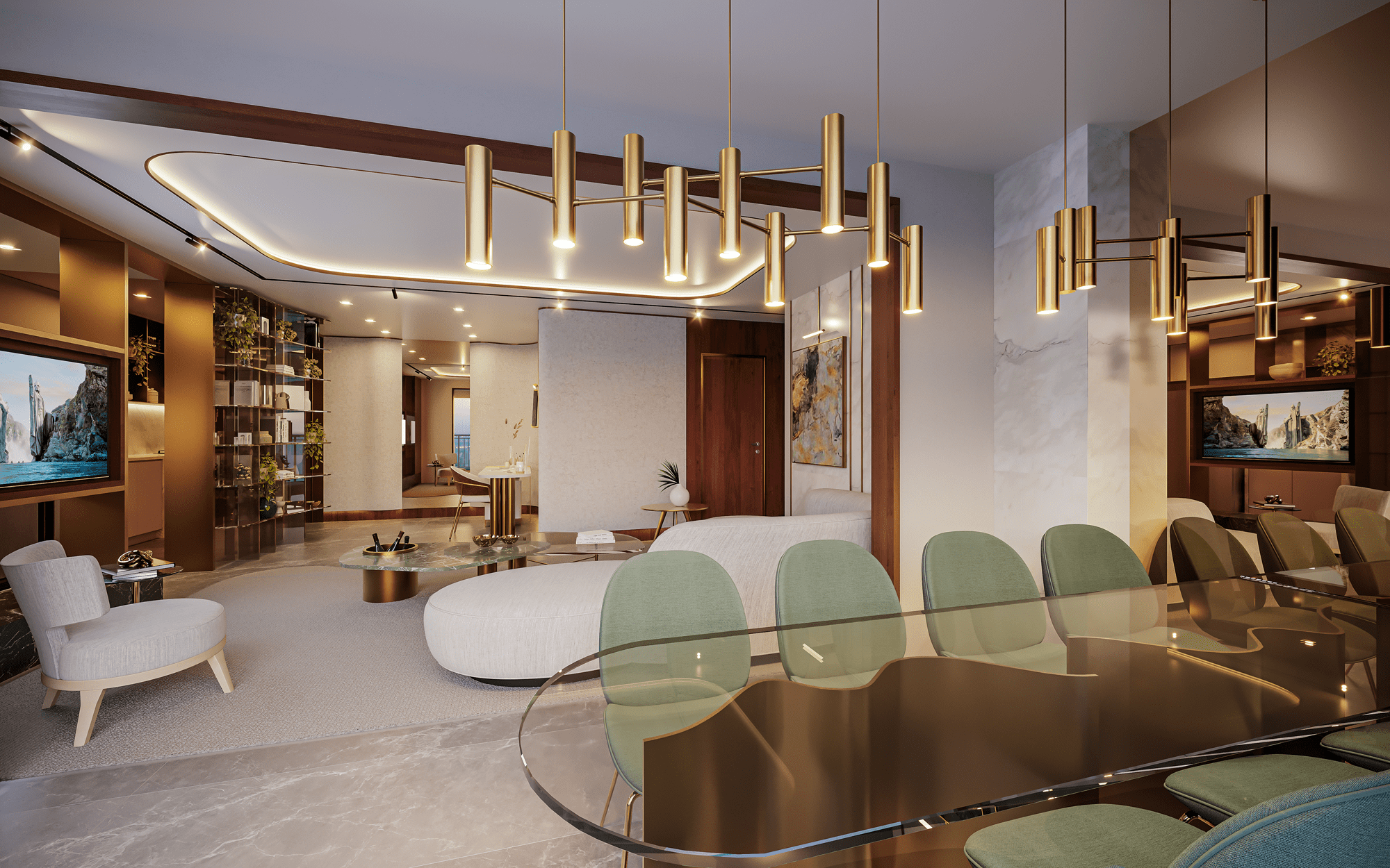 Sala de estar e jantar em conceito aberto, elegante e espaçosa, com móveis modernos, luminárias douradas e uma televisão exibindo uma paisagem costeira.