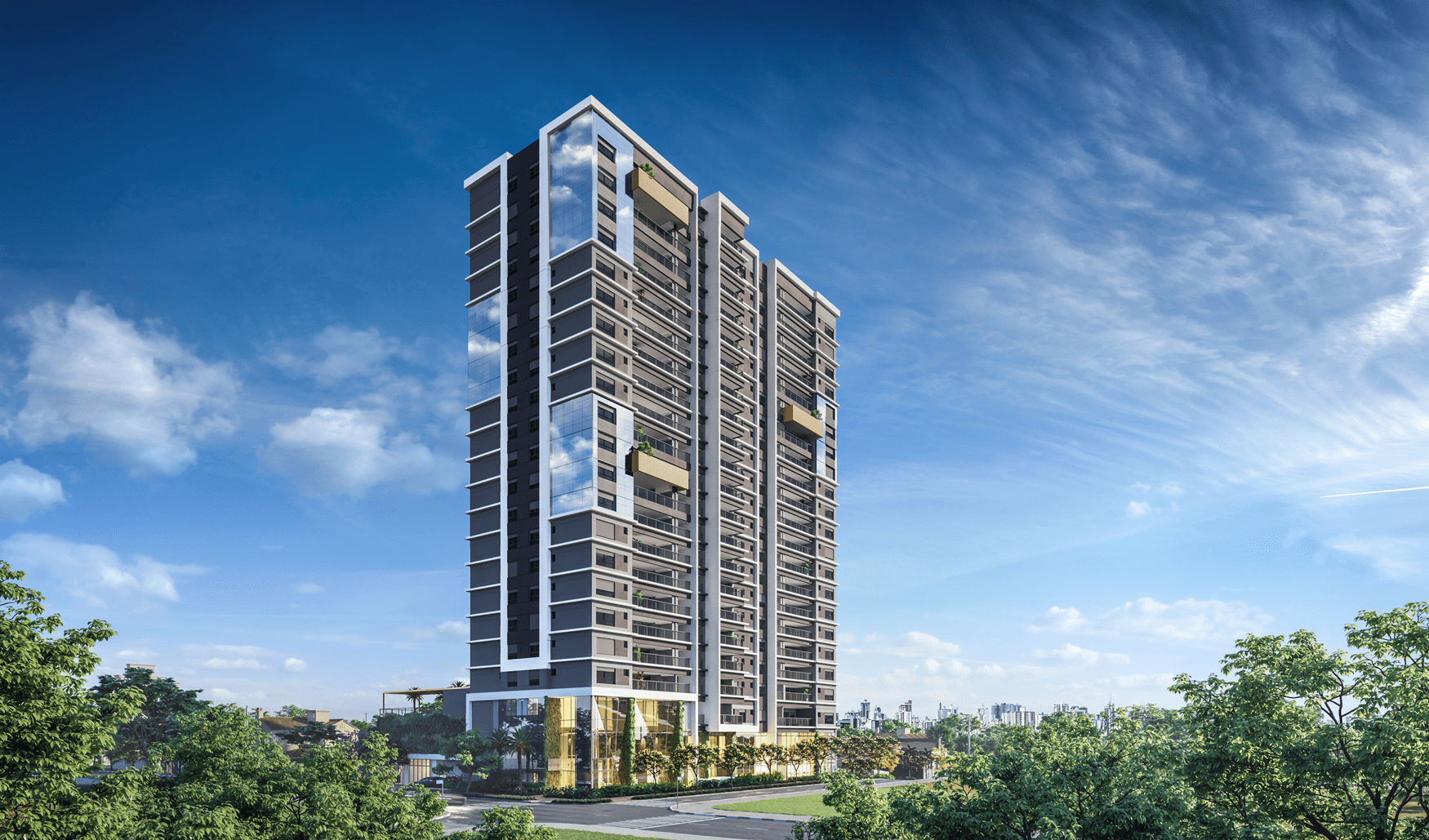 Edifício de apartamentos moderno e alto com fachada de vidro reflexivo e varandas, cercado por árvores e sob um céu azul.