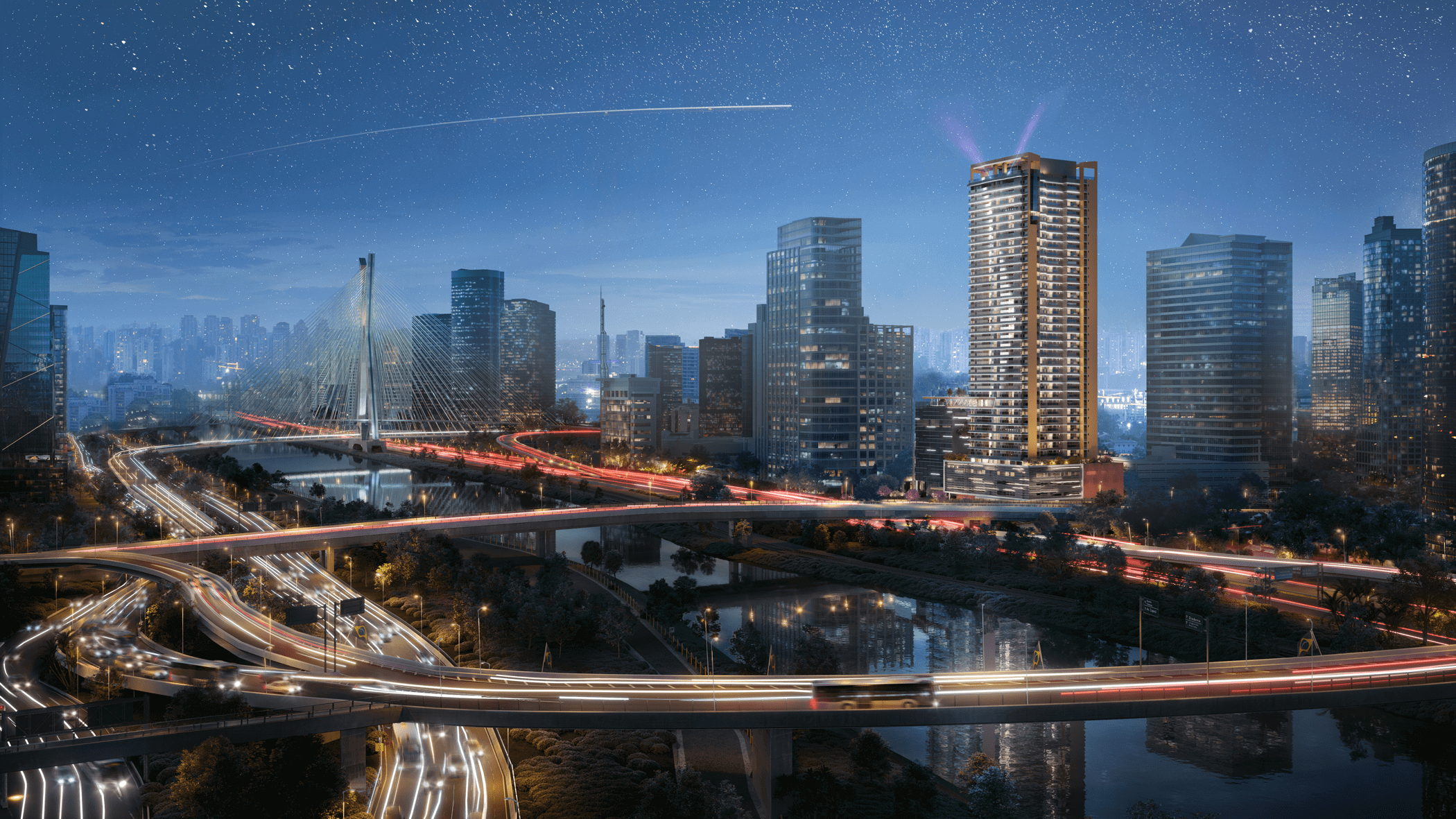 Vista noturna de uma cidade com uma ponte estaiada, rodovias movimentadas com rastros de luz de veículos, um rio e vários arranha-céus iluminados sob um céu estrelado.