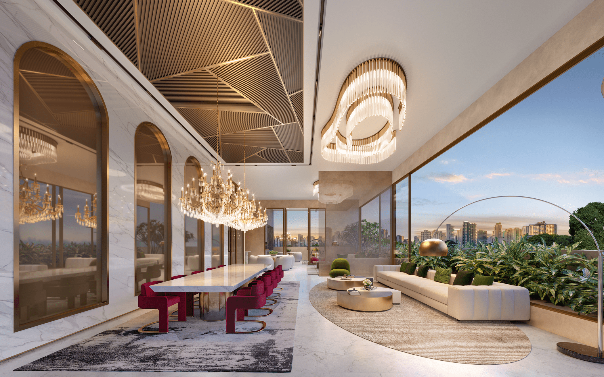 Sala de estar e jantar opulenta com teto trabalhado, lustres imponentes, mesa de jantar longa com cadeiras vermelhas, sofá branco com almofadas verdes e janelas panorâmicas com vista para a cidade.