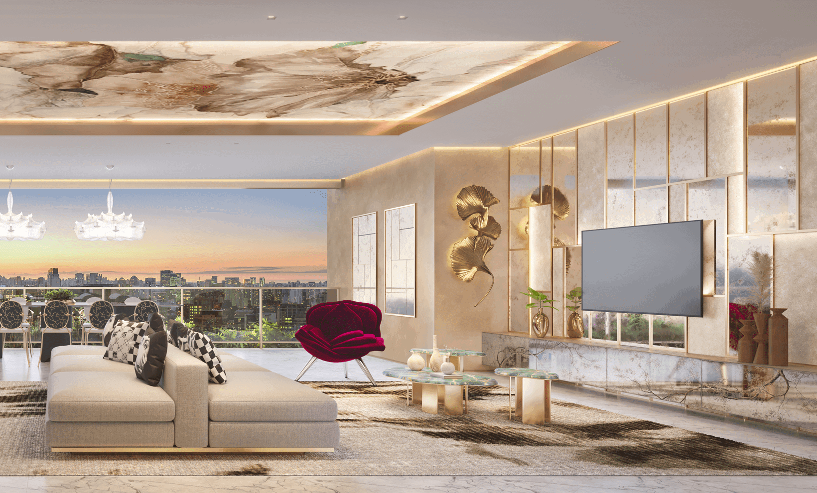 Sala luxuosa do empreendimento Casa Eden By Yoo East com vista panorâmica da cidade ao pôr do sol, móveis elegantes e decoração moderna