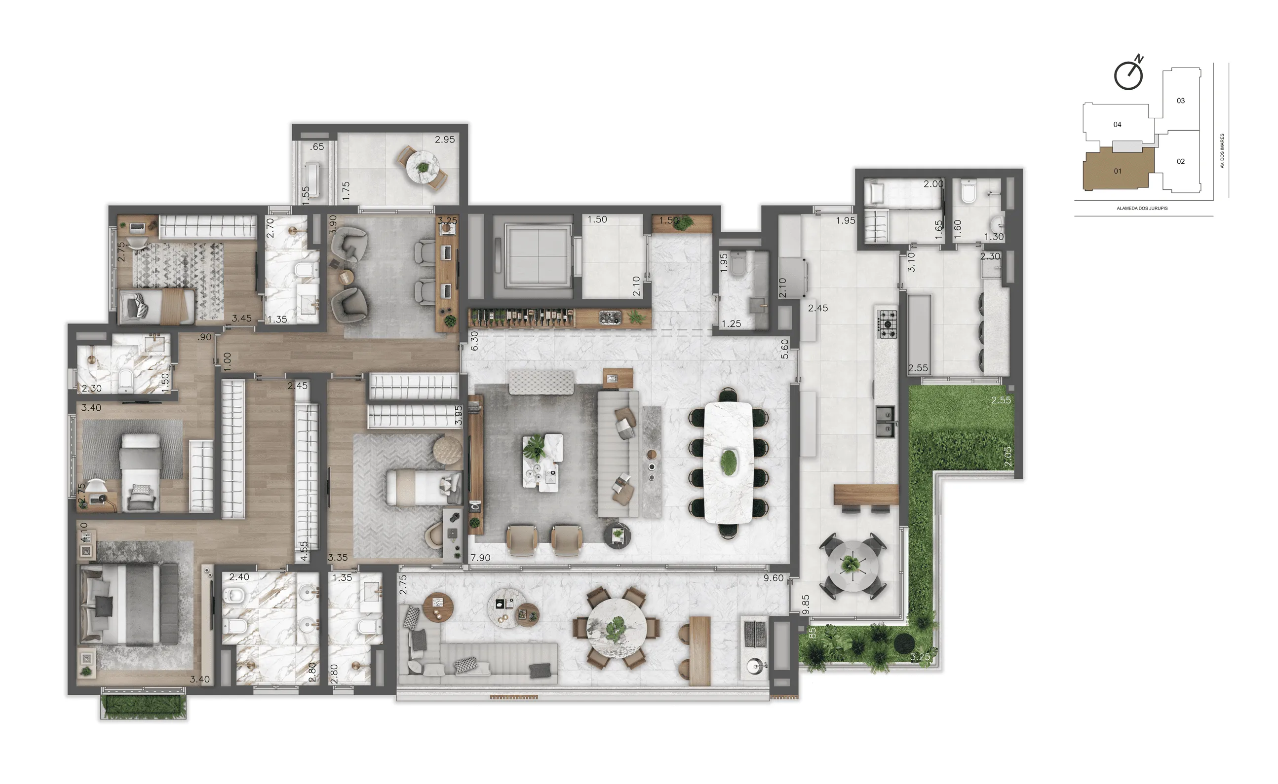 Planta-Tipo 269m² | 4 dorms (4 suítes)