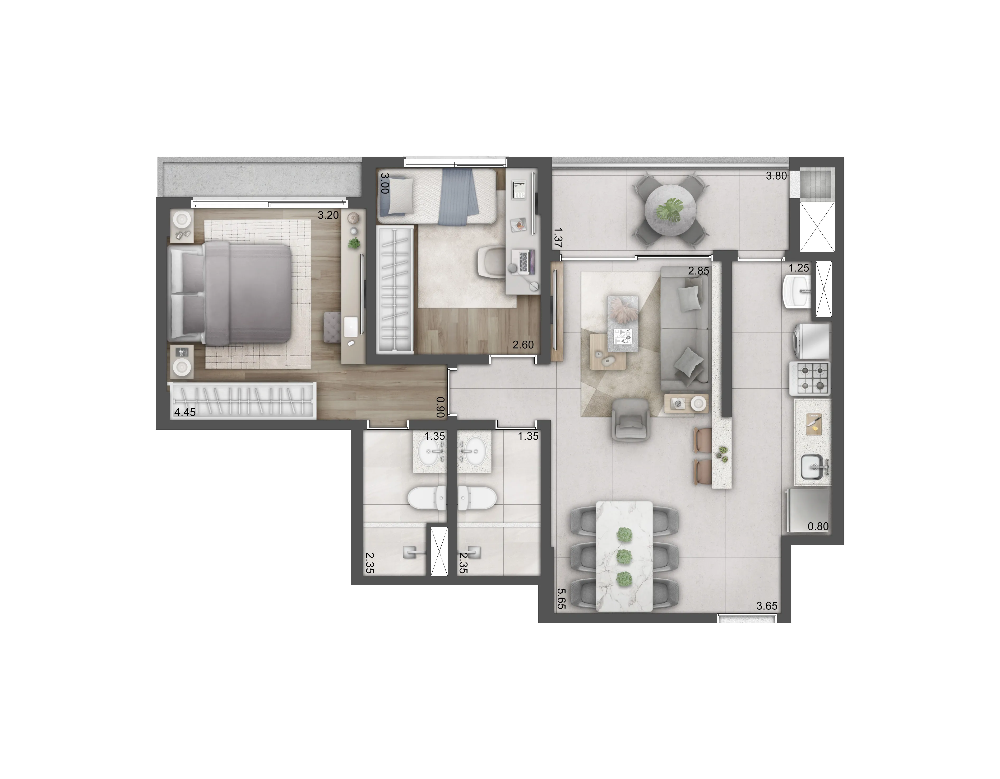 Planta 2 Dorms. | Padrão | 69m²