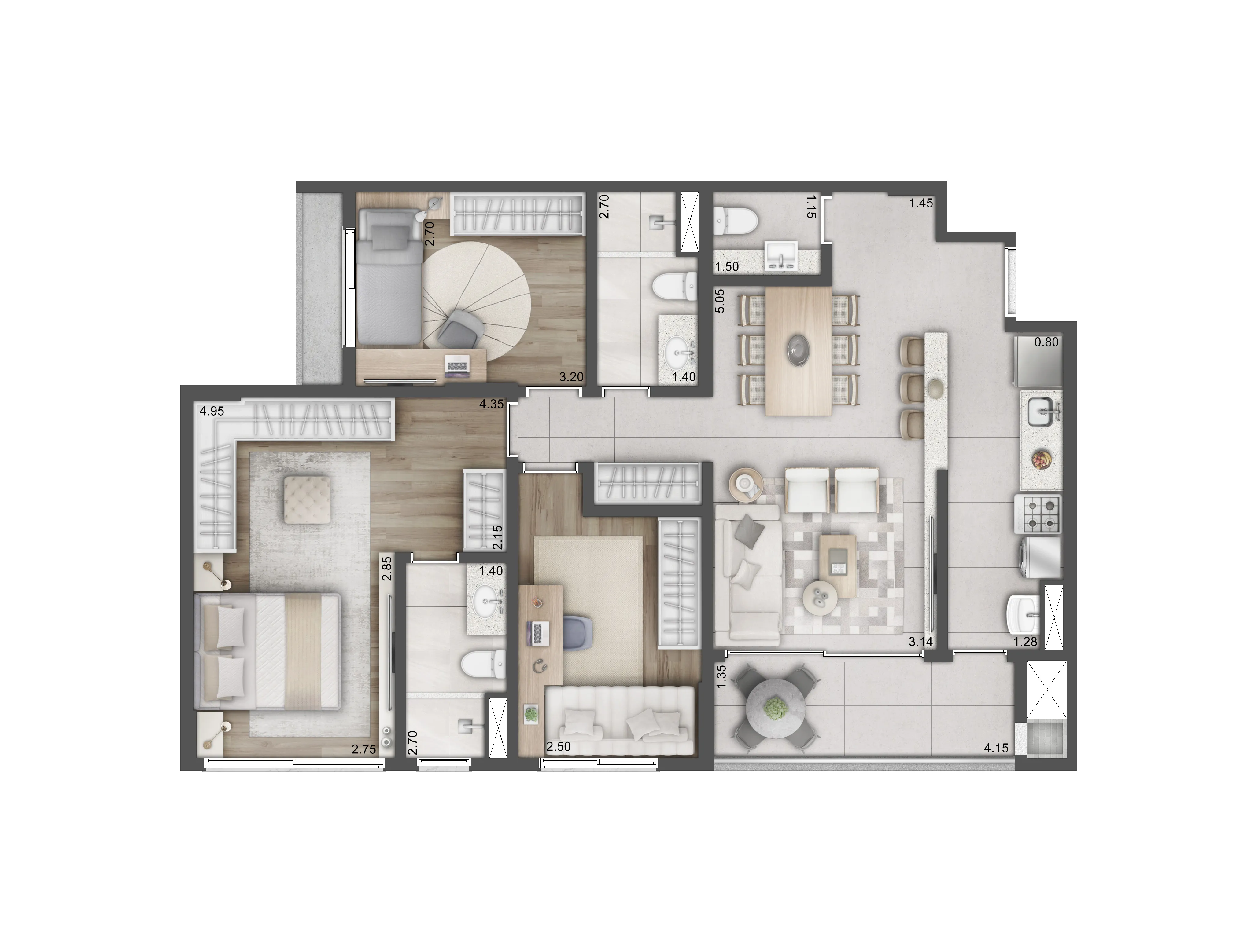 Planta 3 Dorms. | Padrão | 93m²