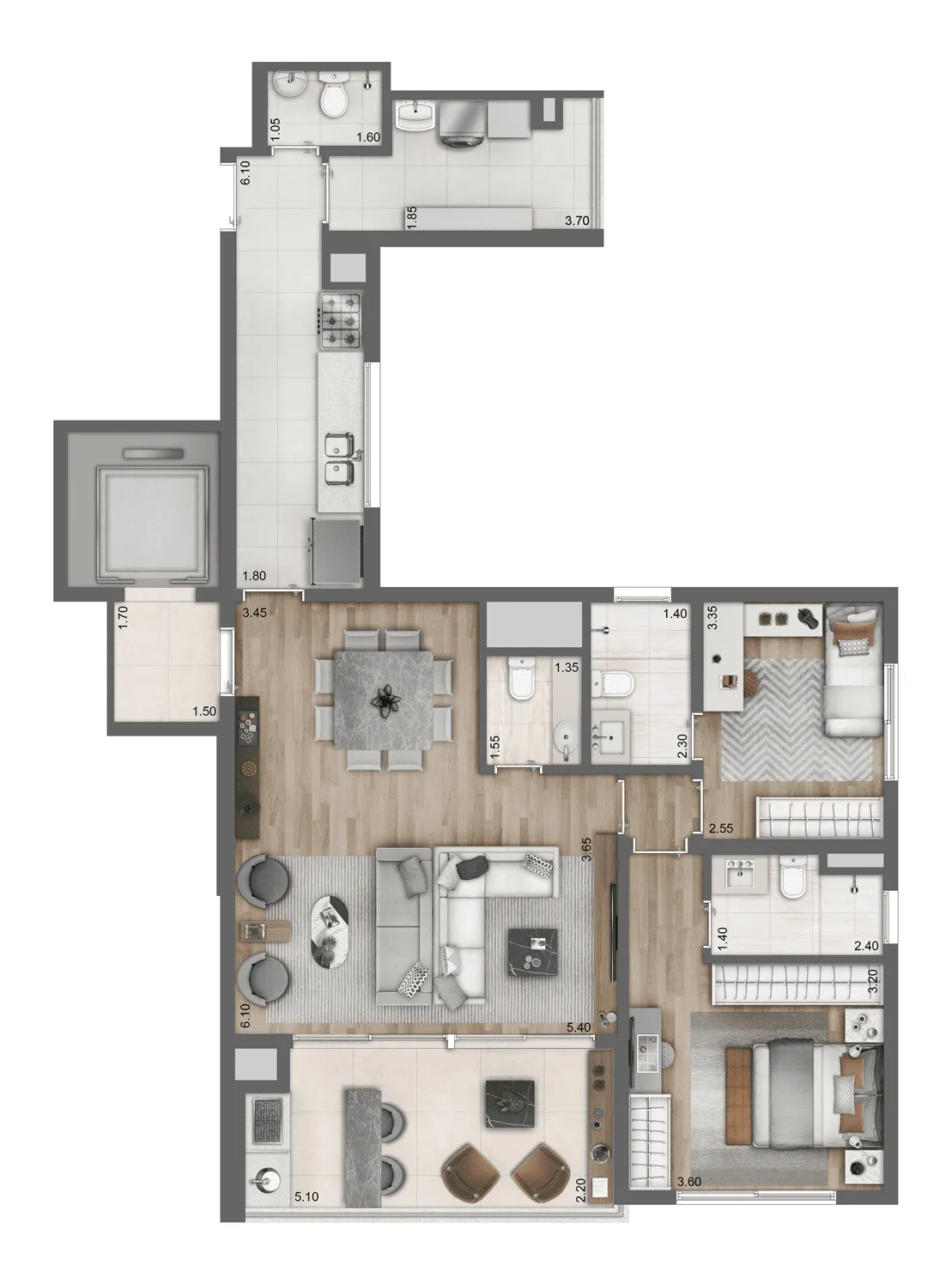Planta Opção 109 m² | 2 Suítes