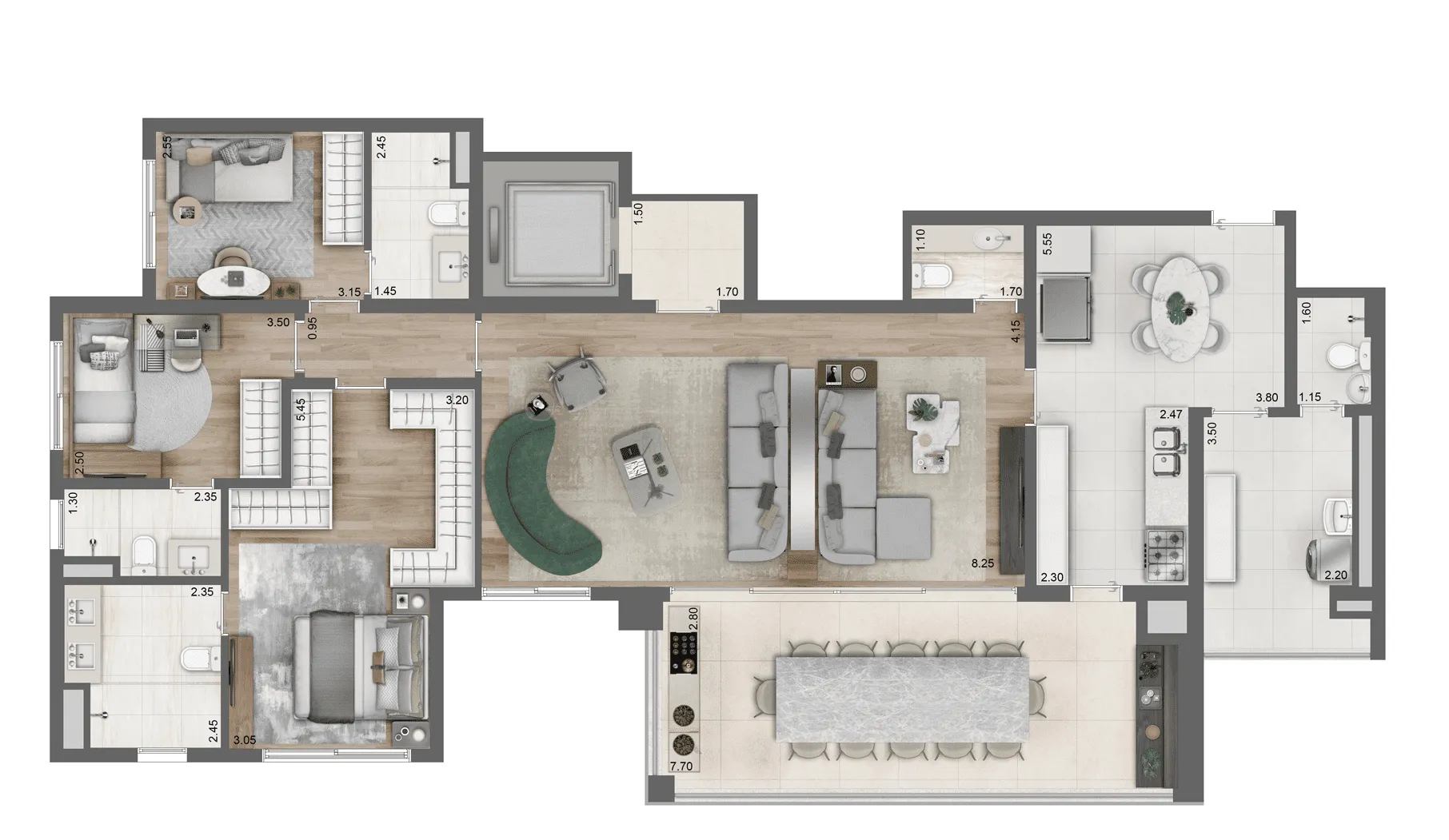 Planta Opção 157 m² | 3 Suítes