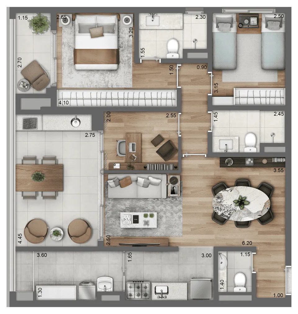 Planta-Tipo 95 m² | 3 dorms (1 suíte)